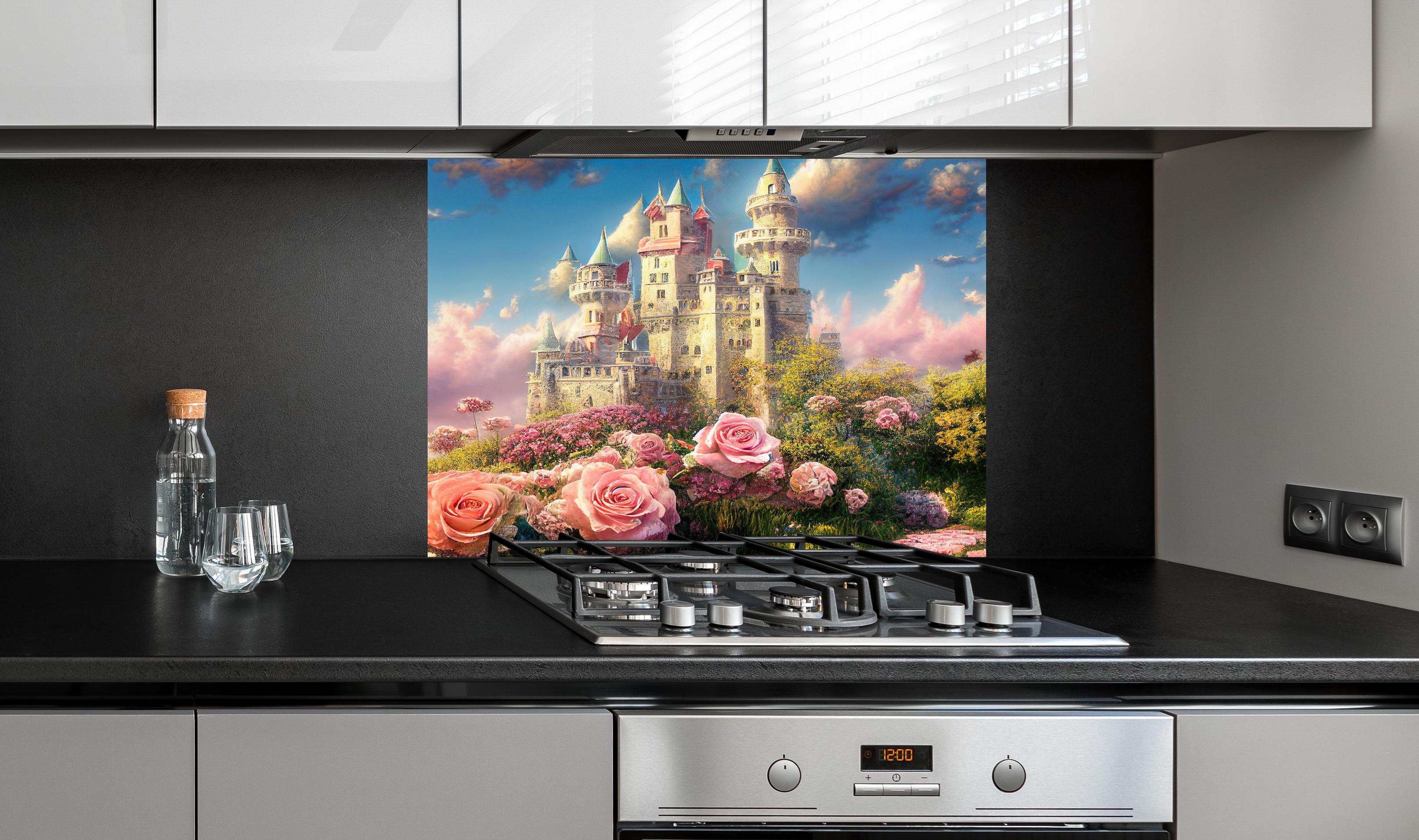 Spritzschutz - Fantasy Garten Schloss mit vielen Blumen hinter einem Cerankochfeld zwischen Holz-Kochutensilien