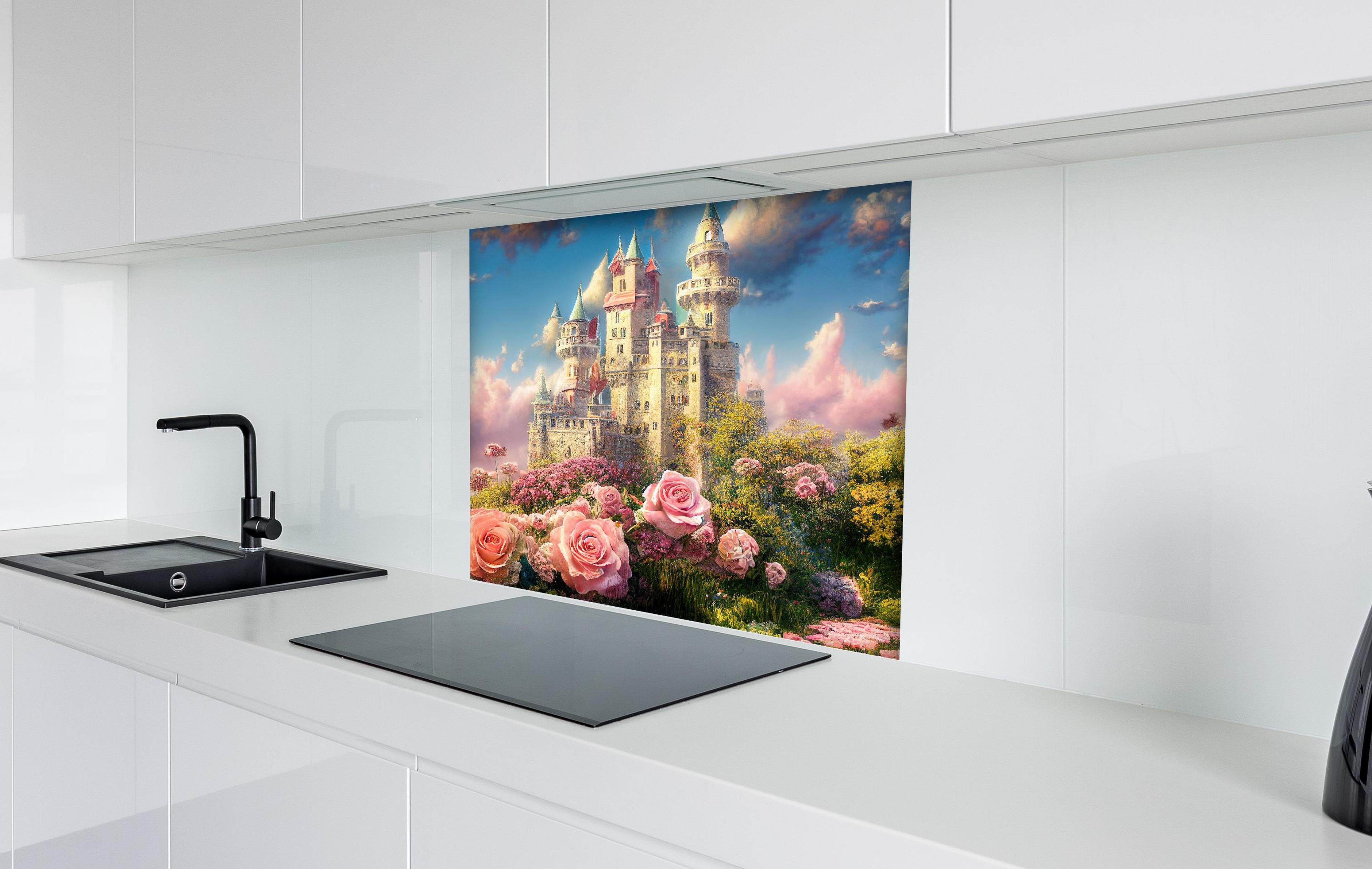 Spritzschutz - Fantasy Garten Schloss mit vielen Blumen hinter einem Cerankochfeld zwischen Holz-Kochutensilien