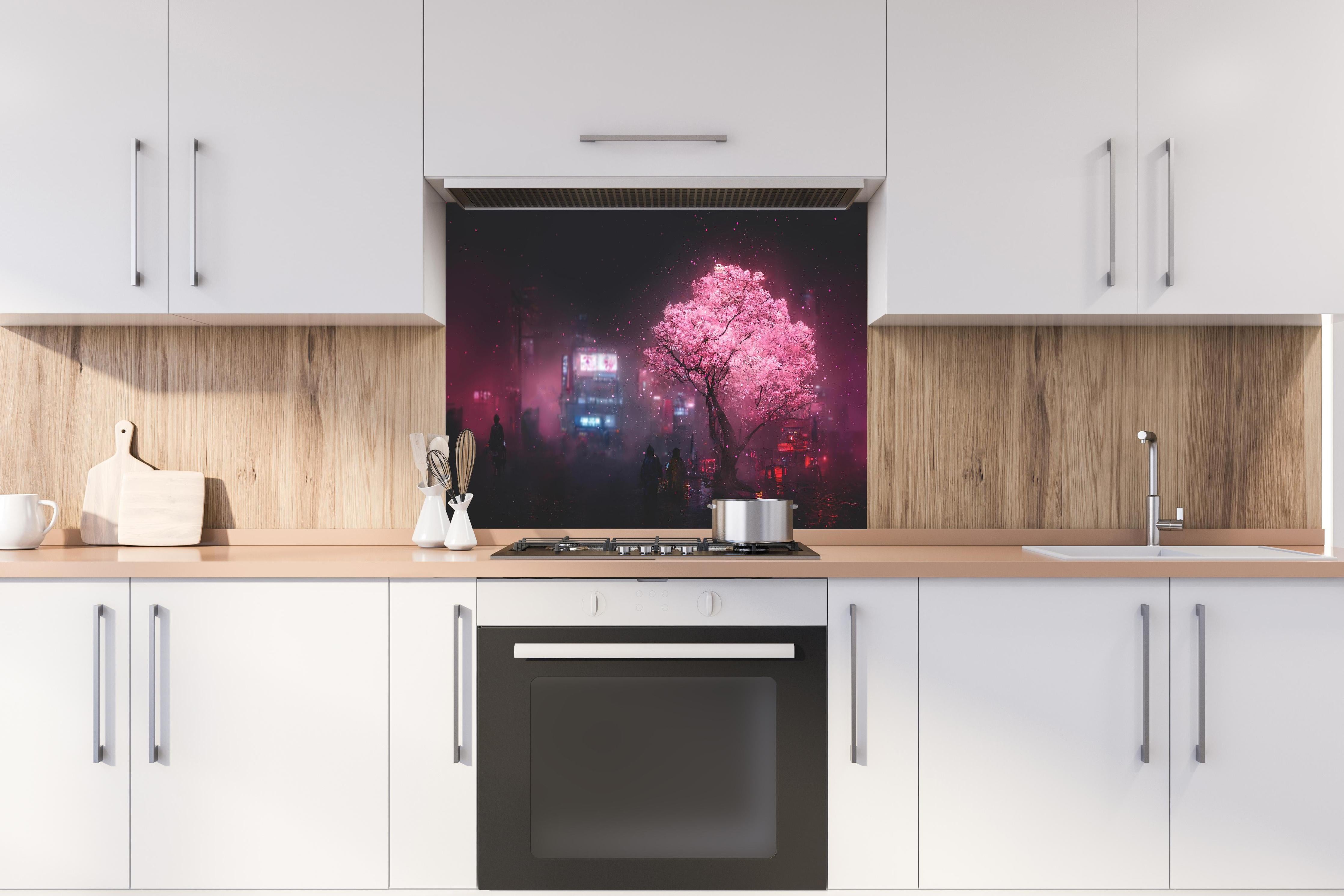 Spritzschutz - Fantasy Nacht - Japan hinter einem Cerankochfeld zwischen Holz-Kochutensilien