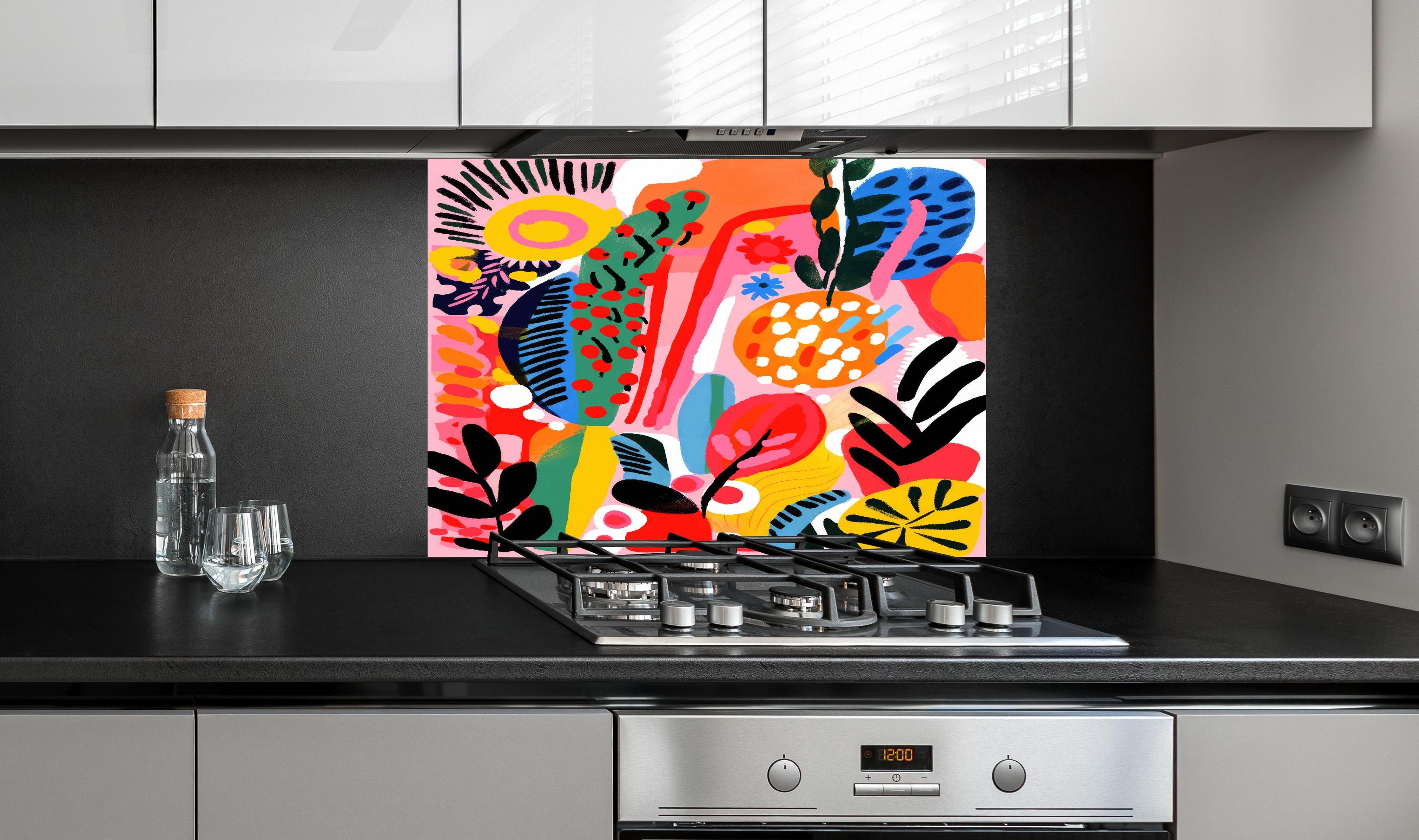 Spritzschutz - Farbenfrohe Abstrakte Blumen und Früchte hinter einem Cerankochfeld zwischen Holz-Kochutensilien