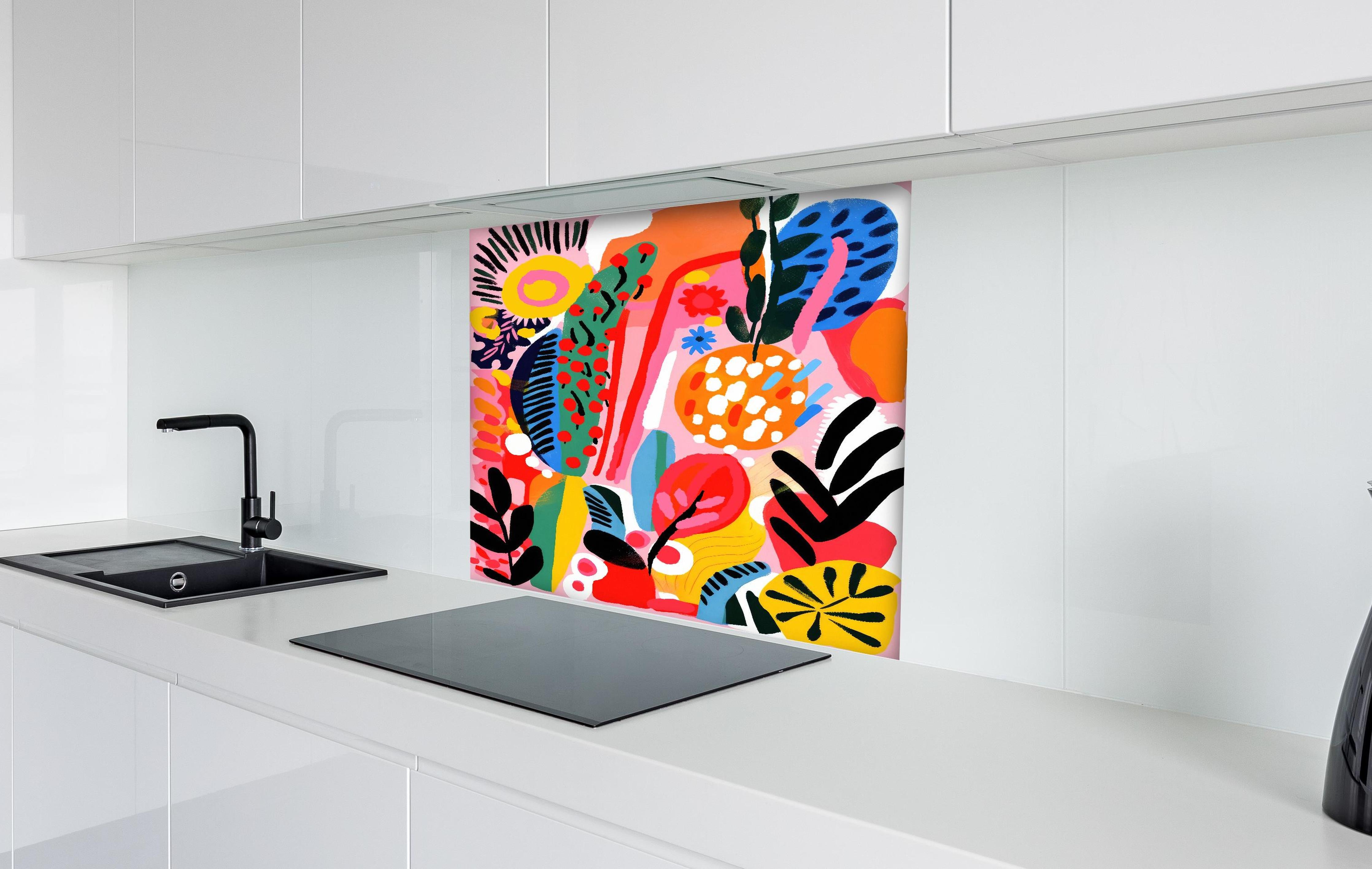 Spritzschutz - Farbenfrohe Abstrakte Blumen und Früchte hinter einem Cerankochfeld zwischen Holz-Kochutensilien