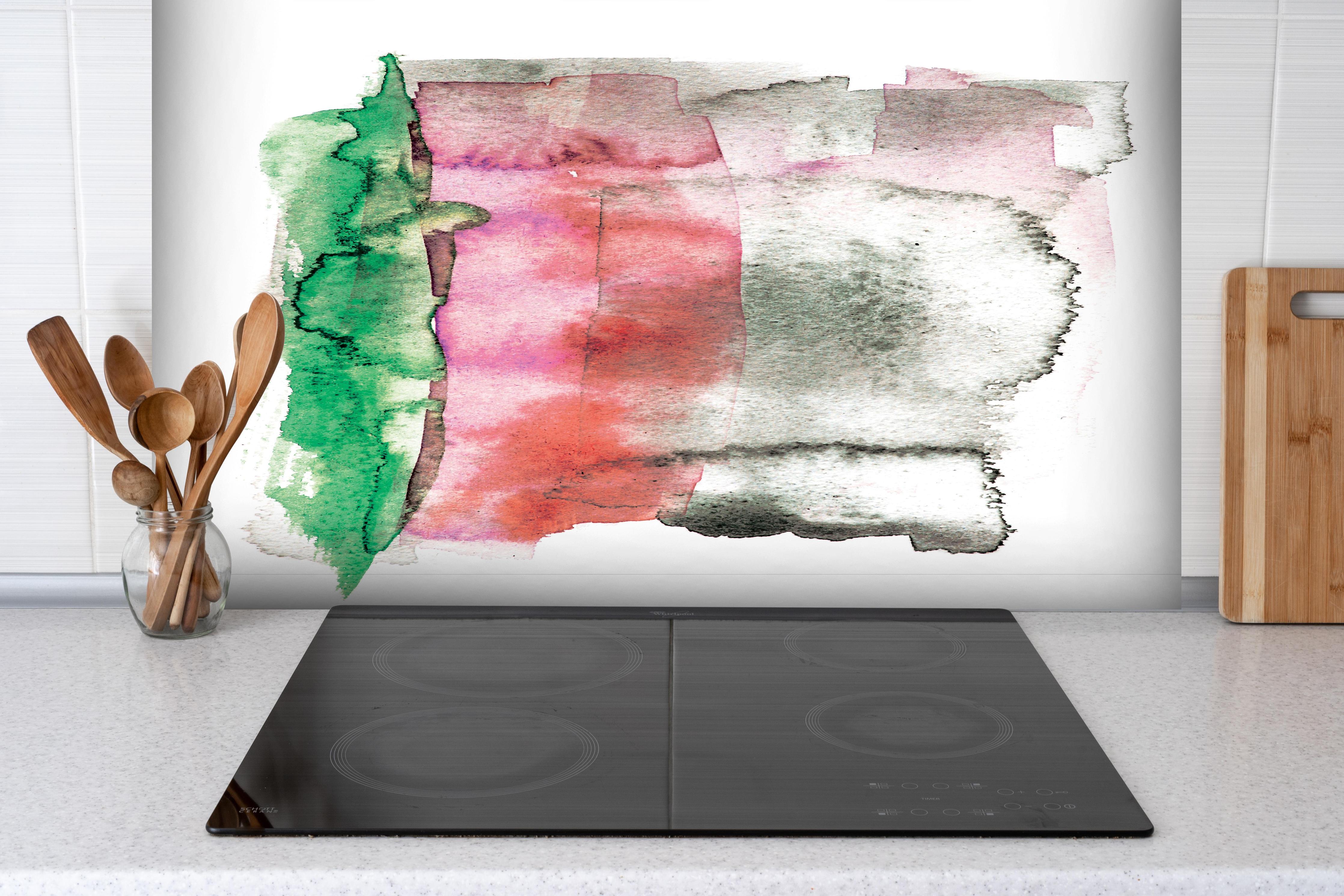 Spritzschutz - Farbenfrohe Aquarellmalerei auf weißem Hintergrund hinter einem Cerankochfeld zwischen Holz-Kochutensilien