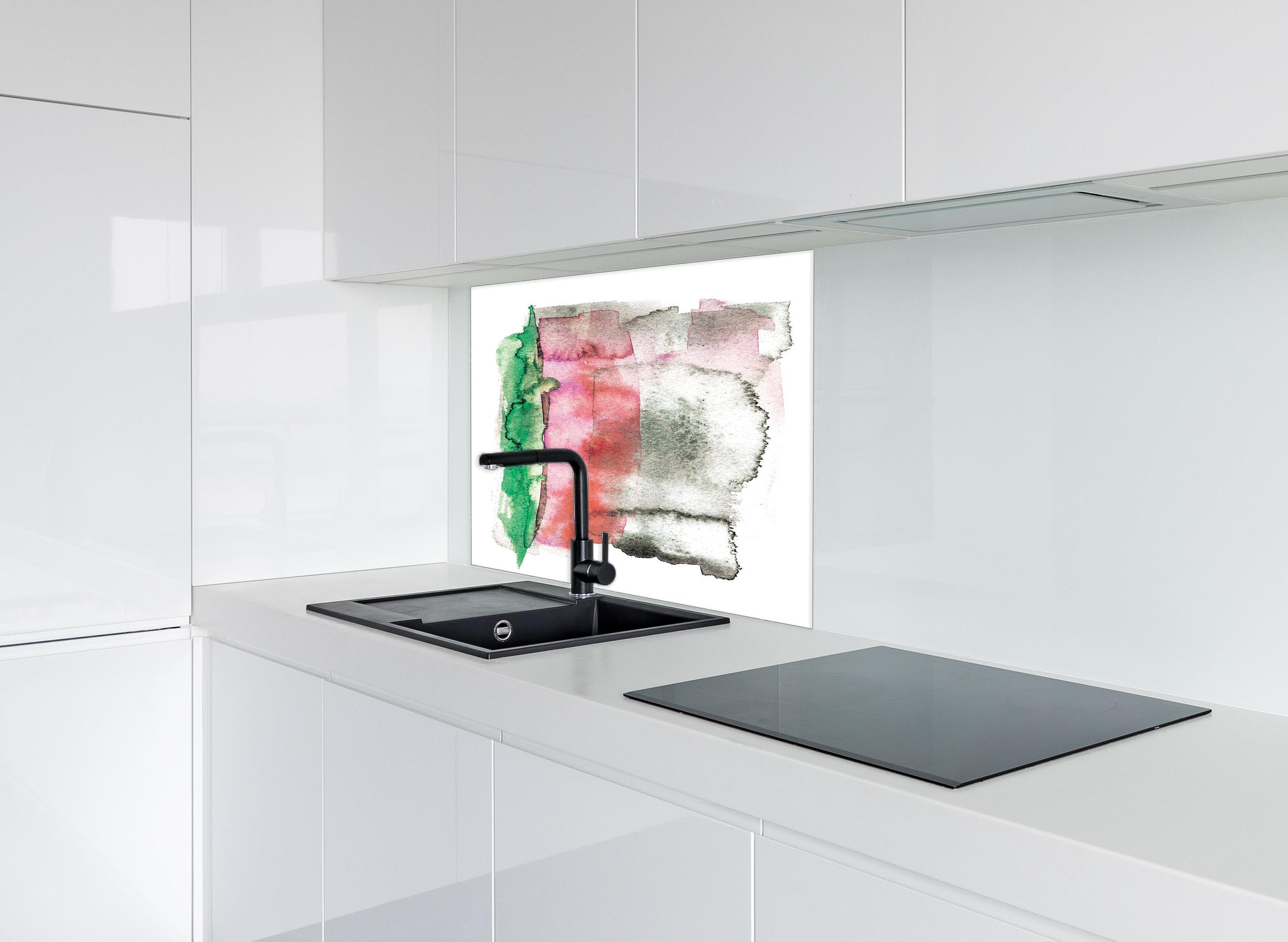 Spritzschutz - Farbenfrohe Aquarellmalerei auf weißem Hintergrund hinter einem Cerankochfeld zwischen Holz-Kochutensilien