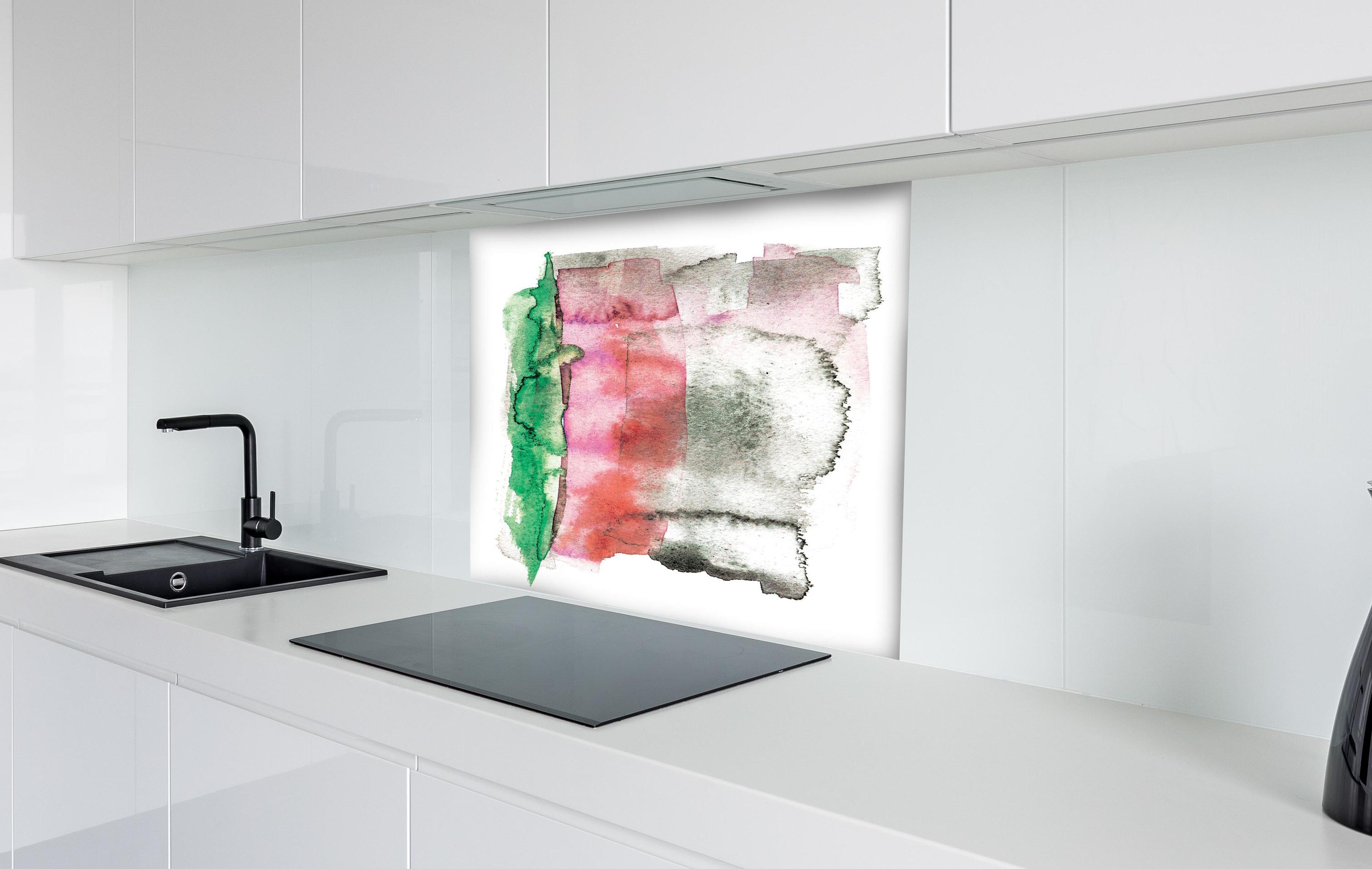 Spritzschutz - Farbenfrohe Aquarellmalerei auf weißem Hintergrund hinter einem Cerankochfeld zwischen Holz-Kochutensilien