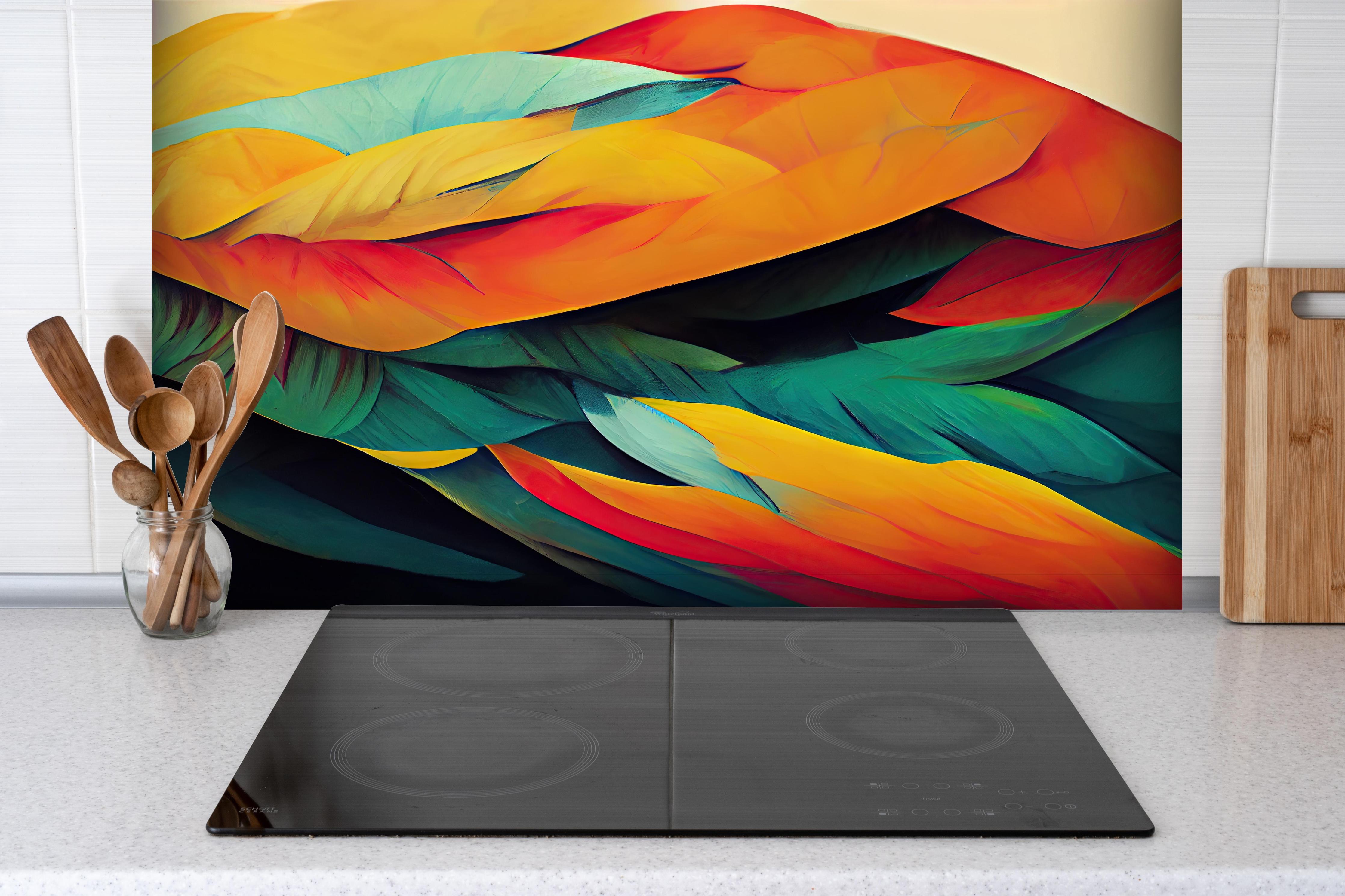 Spritzschutz - Farbenfrohe Neon Federstruktur Abstrakt hinter einem Cerankochfeld zwischen Holz-Kochutensilien