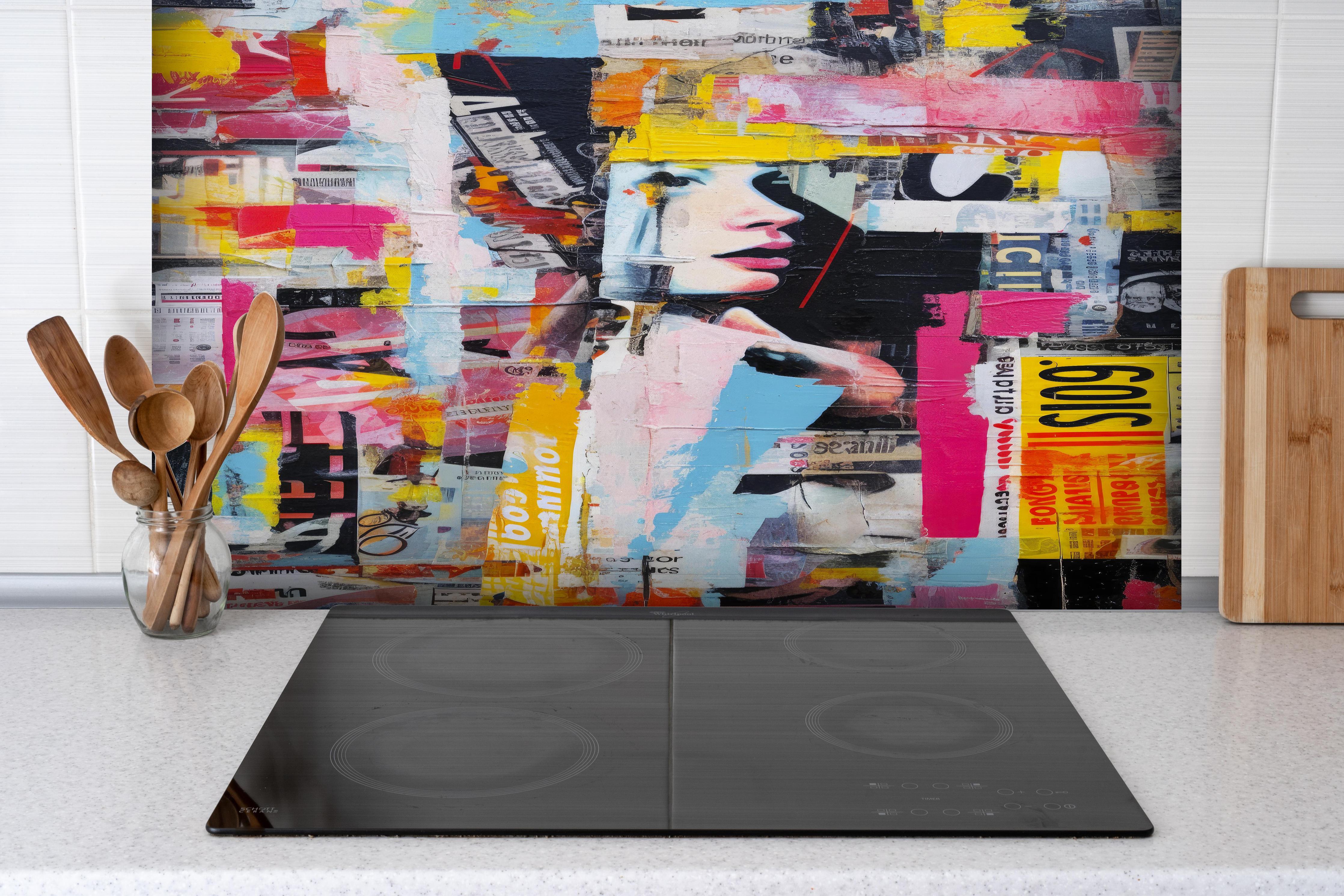 Spritzschutz - Farbenfrohe Urban-Art Frauencollage hinter einem Cerankochfeld zwischen Holz-Kochutensilien
