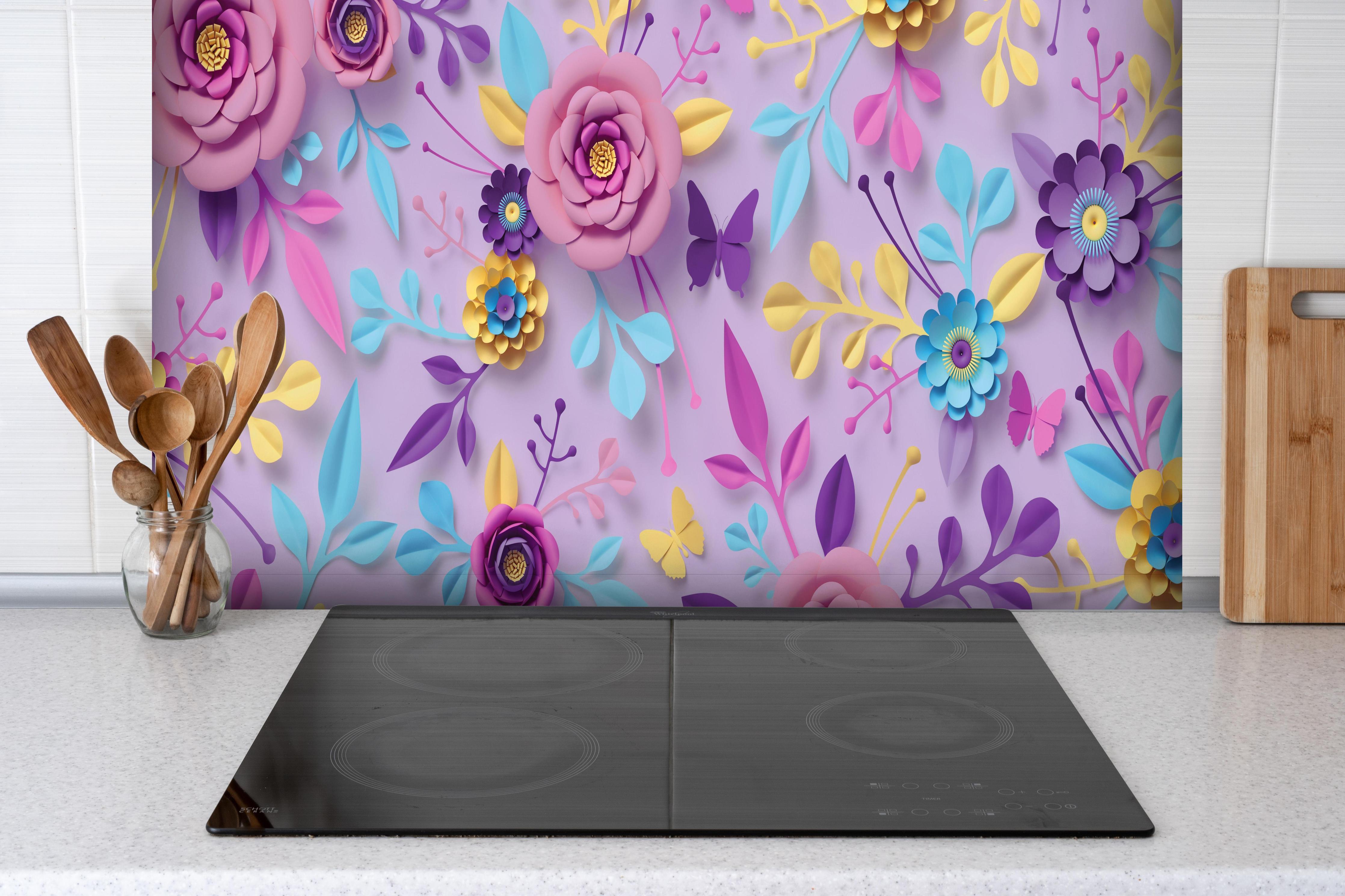 Spritzschutz - Farbenfrohes Blumenmuster Panorama-Wandbild hinter einem Cerankochfeld zwischen Holz-Kochutensilien
