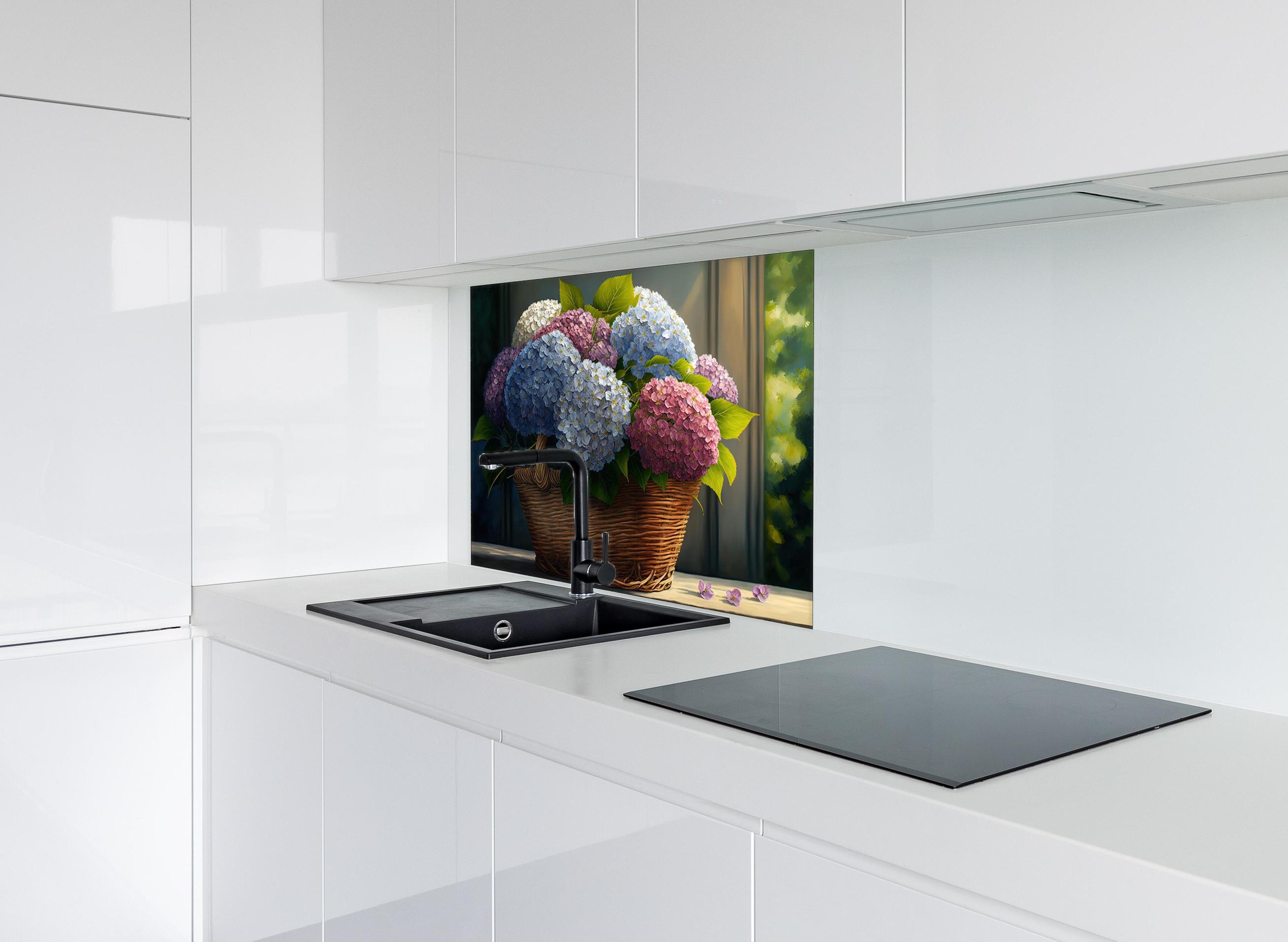 Spritzschutz - Farbenfrohes Hortensienbouquet in Korb hinter einem Cerankochfeld zwischen Holz-Kochutensilien