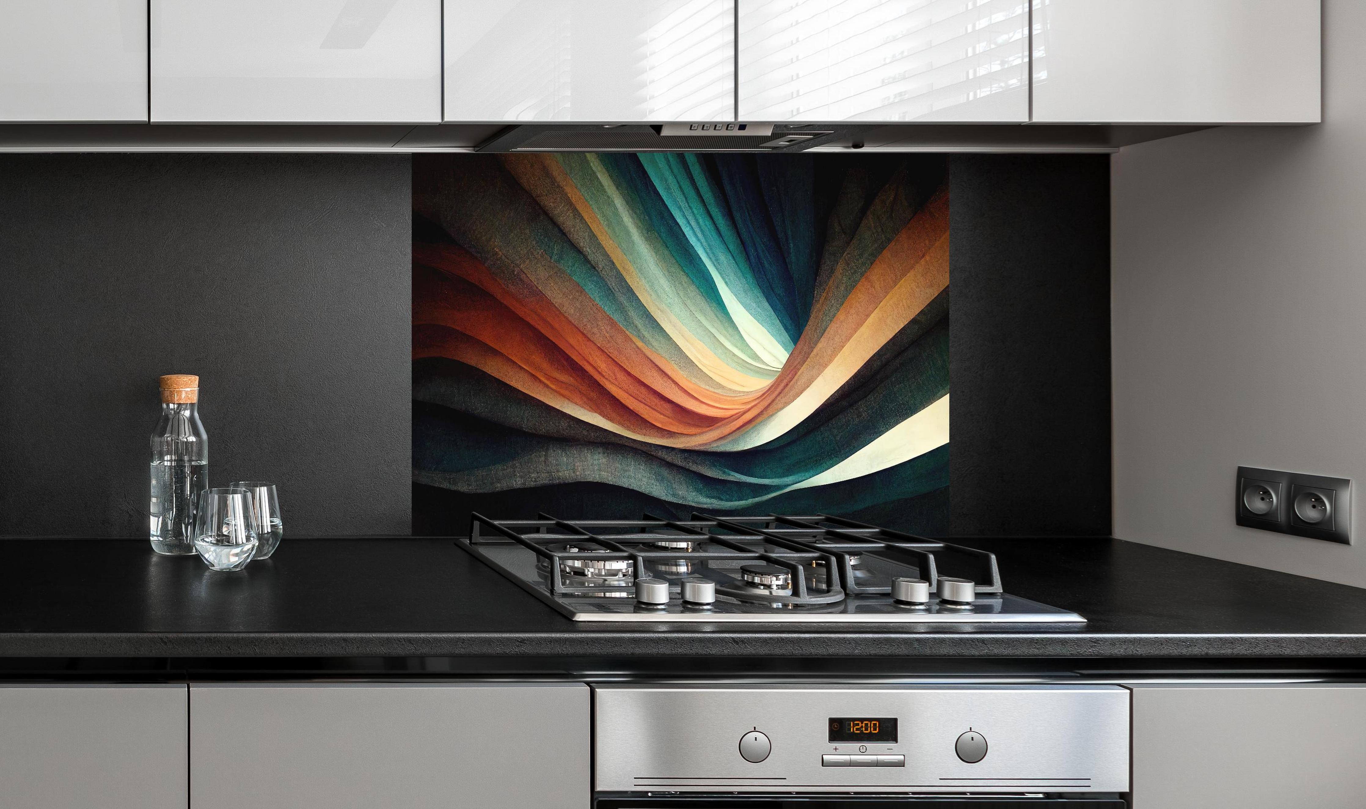 Spritzschutz - Farbwellen Panorama in abstrakter Kunst hinter einem Cerankochfeld zwischen Holz-Kochutensilien