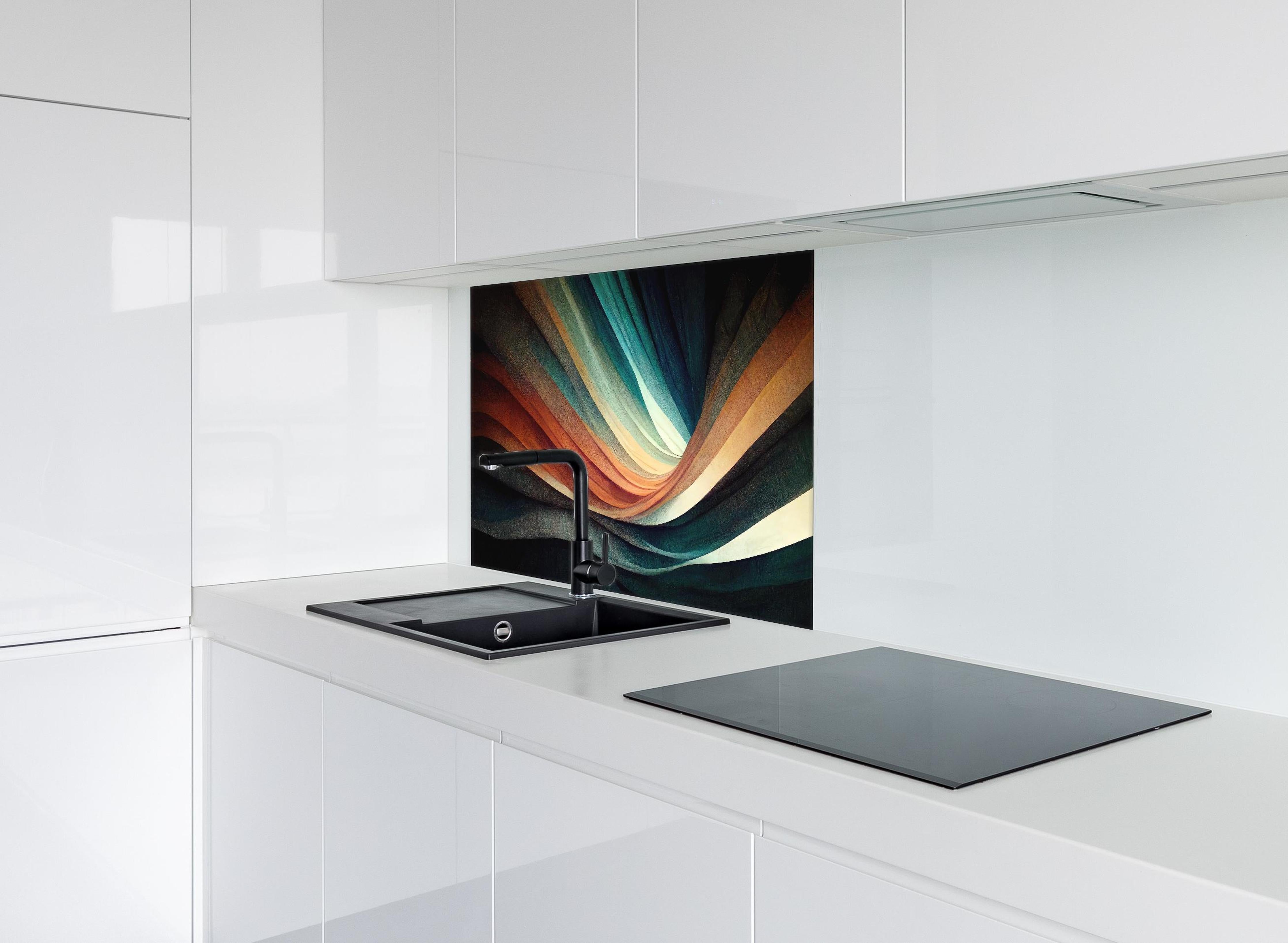 Spritzschutz - Farbwellen Panorama in abstrakter Kunst hinter einem Cerankochfeld zwischen Holz-Kochutensilien