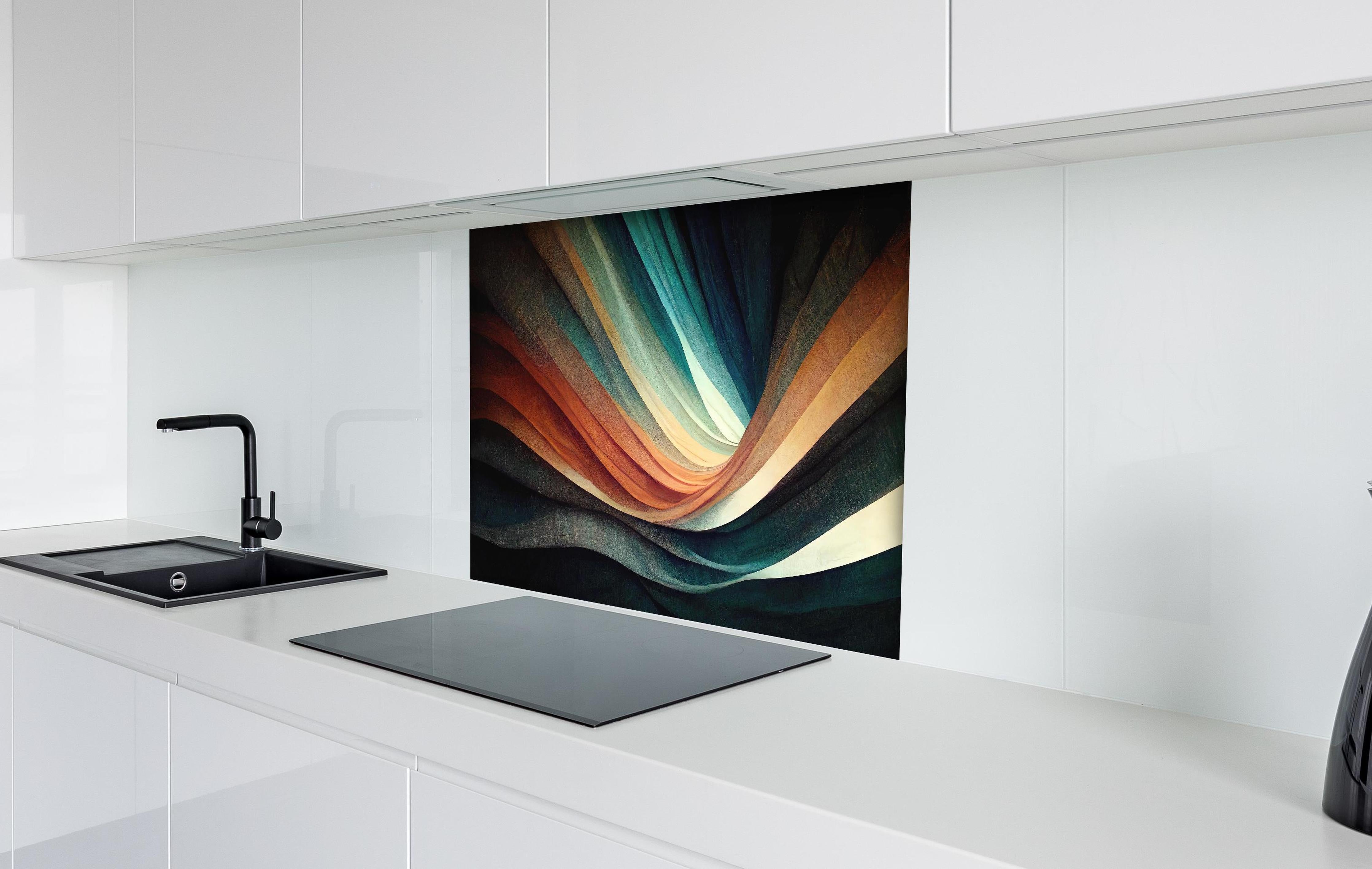 Spritzschutz - Farbwellen Panorama in abstrakter Kunst hinter einem Cerankochfeld zwischen Holz-Kochutensilien