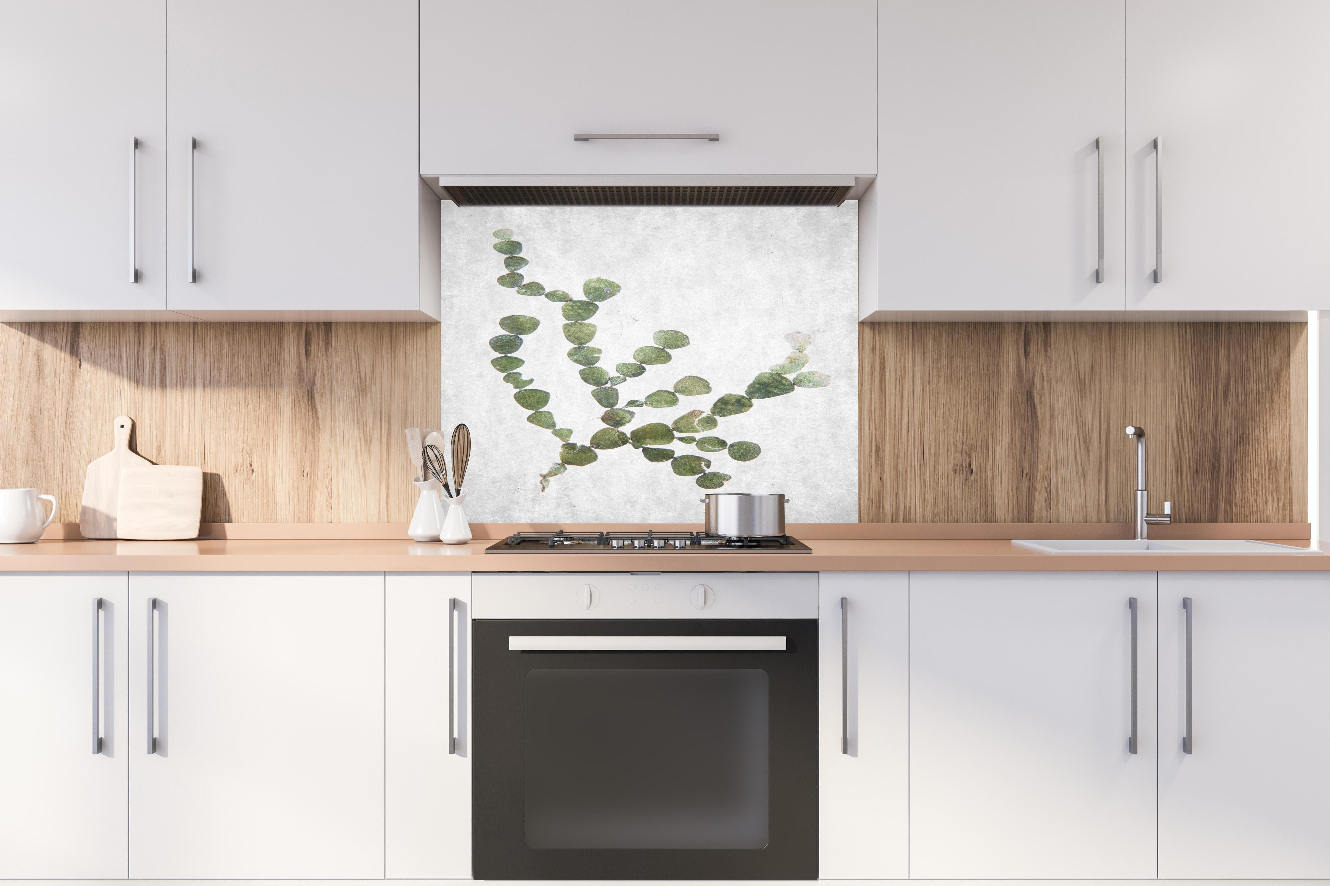 Spritzschutz - Feine grüne Blattstruktur gegen Weiß hinter einem Cerankochfeld zwischen Holz-Kochutensilien