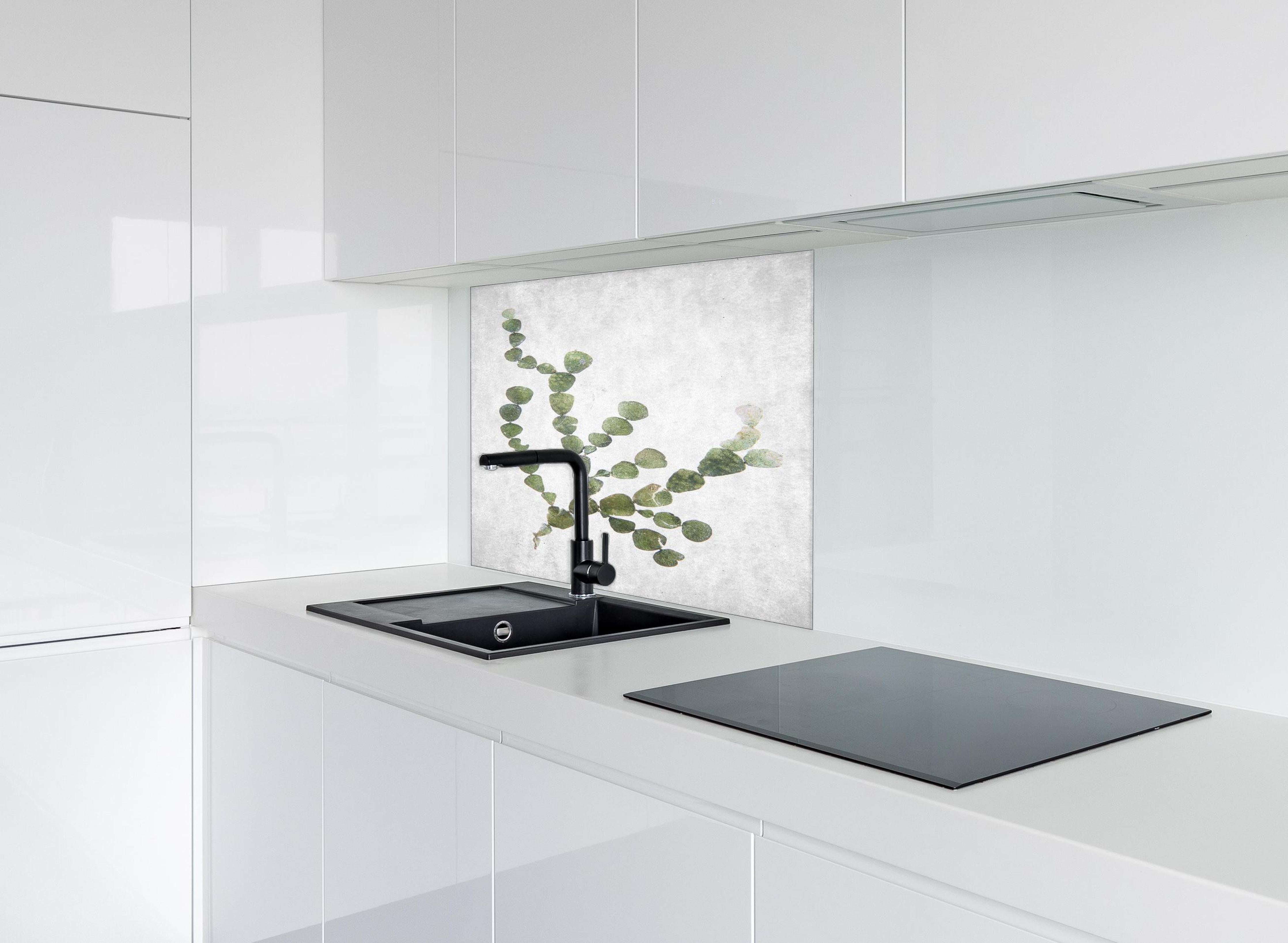 Spritzschutz - Feine grüne Blattstruktur gegen Weiß hinter einem Cerankochfeld zwischen Holz-Kochutensilien