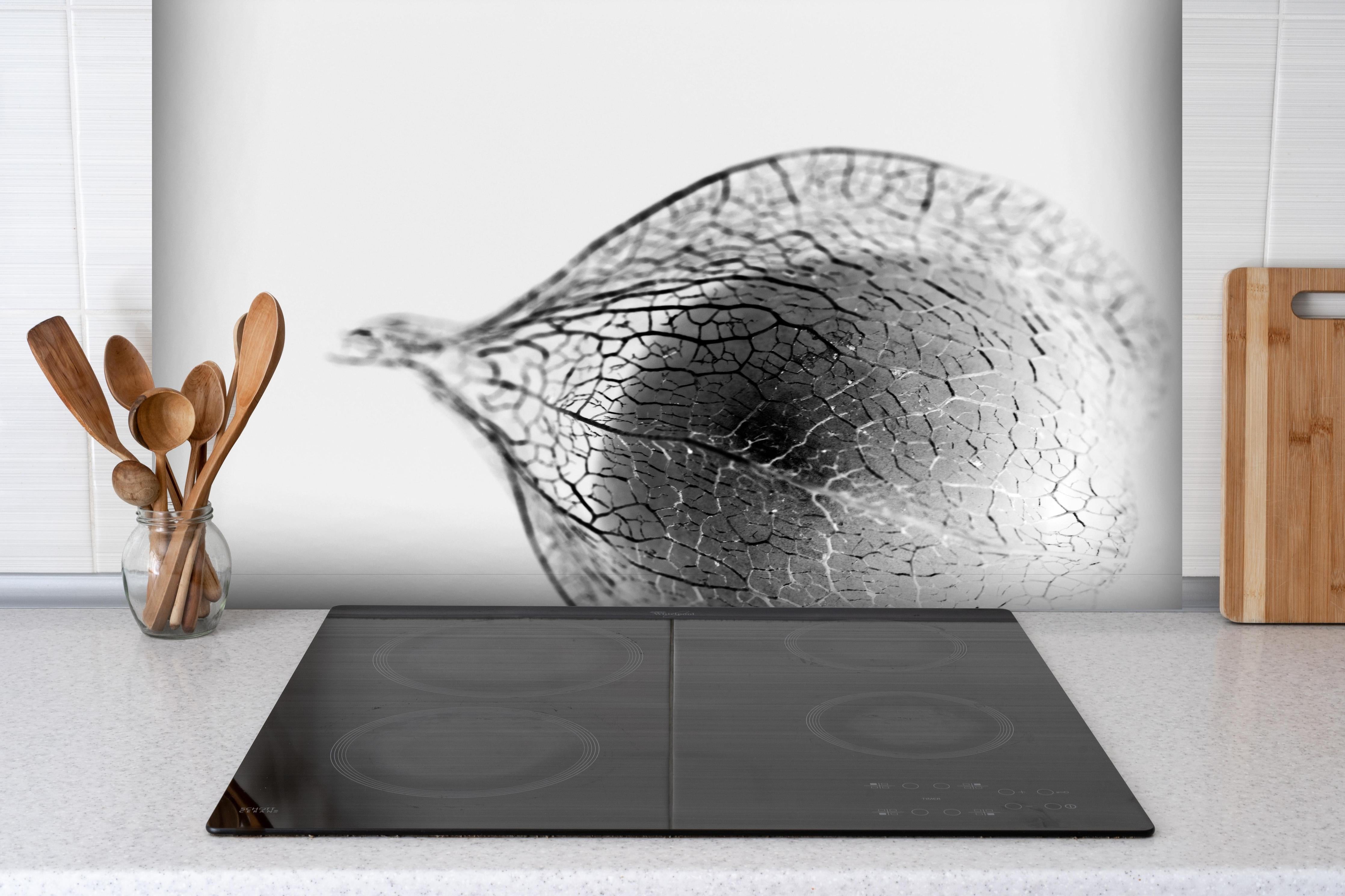 Spritzschutz - Feingliedriges Pflanzendetail Monochrom hinter einem Cerankochfeld zwischen Holz-Kochutensilien