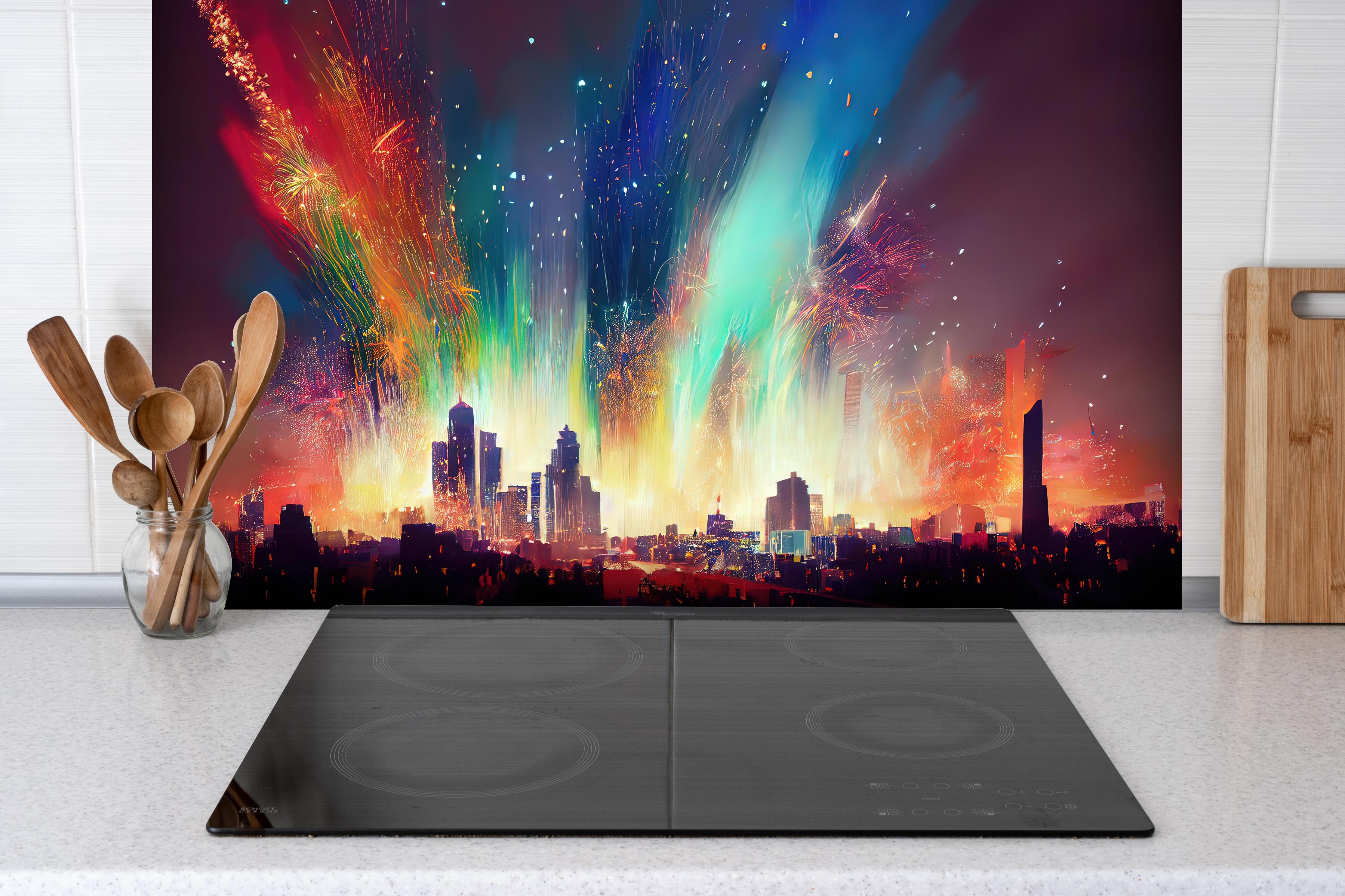 Spritzschutz - Feuerwerk über Stadt bei Nacht - Illustration hinter einem Cerankochfeld zwischen Holz-Kochutensilien