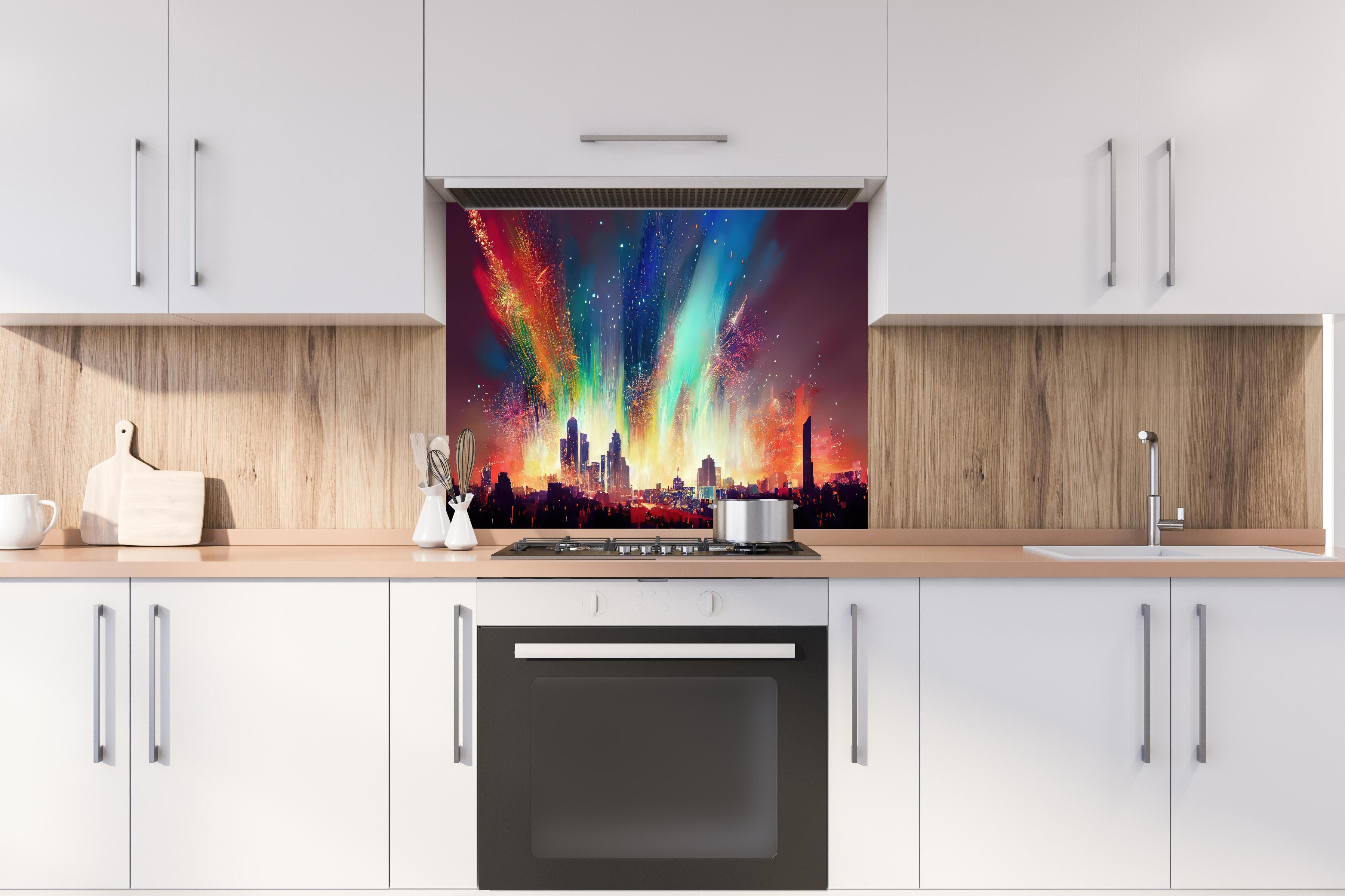 Spritzschutz - Feuerwerk über Stadt bei Nacht - Illustration hinter einem Cerankochfeld zwischen Holz-Kochutensilien