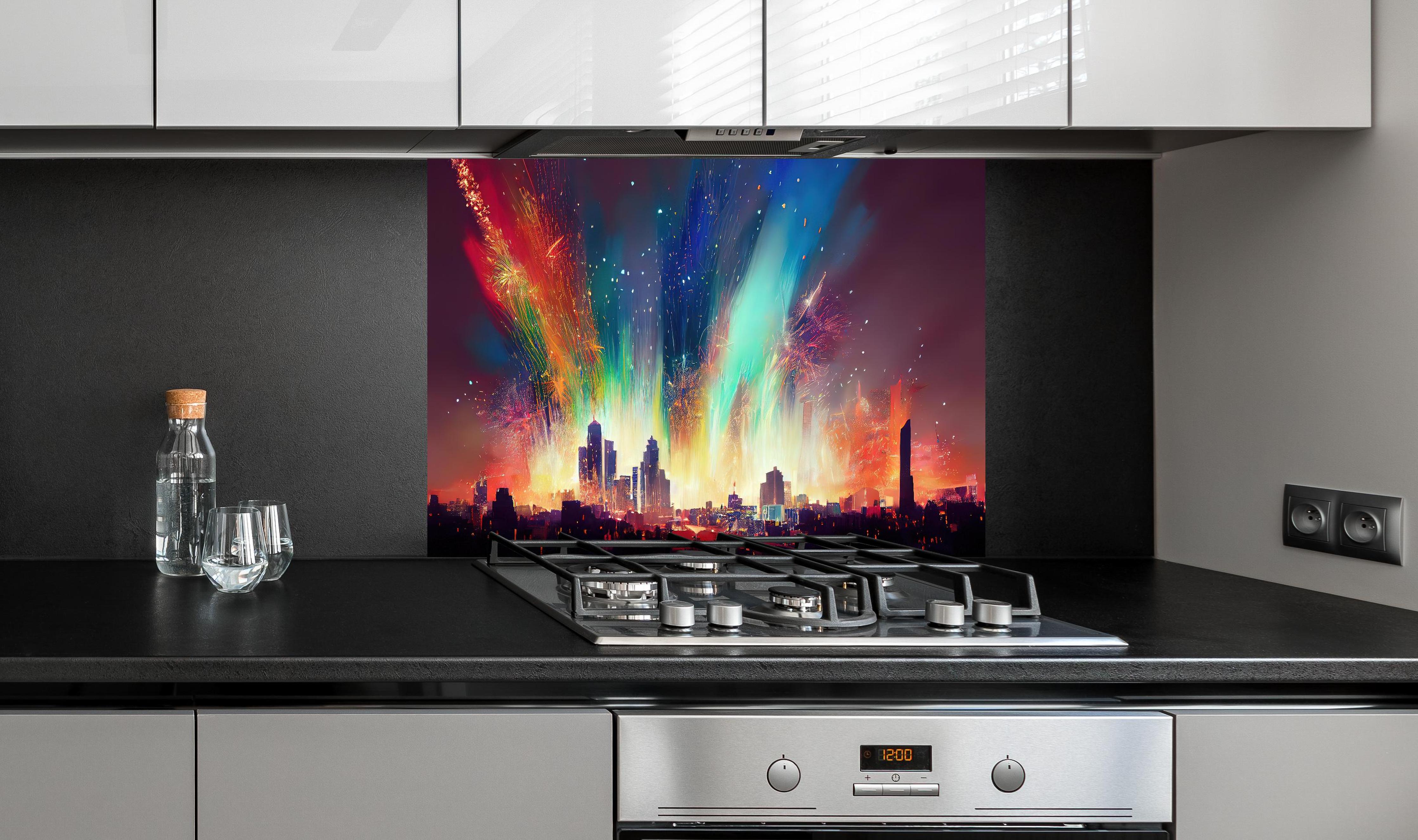 Spritzschutz - Feuerwerk über Stadt bei Nacht - Illustration hinter einem Cerankochfeld zwischen Holz-Kochutensilien