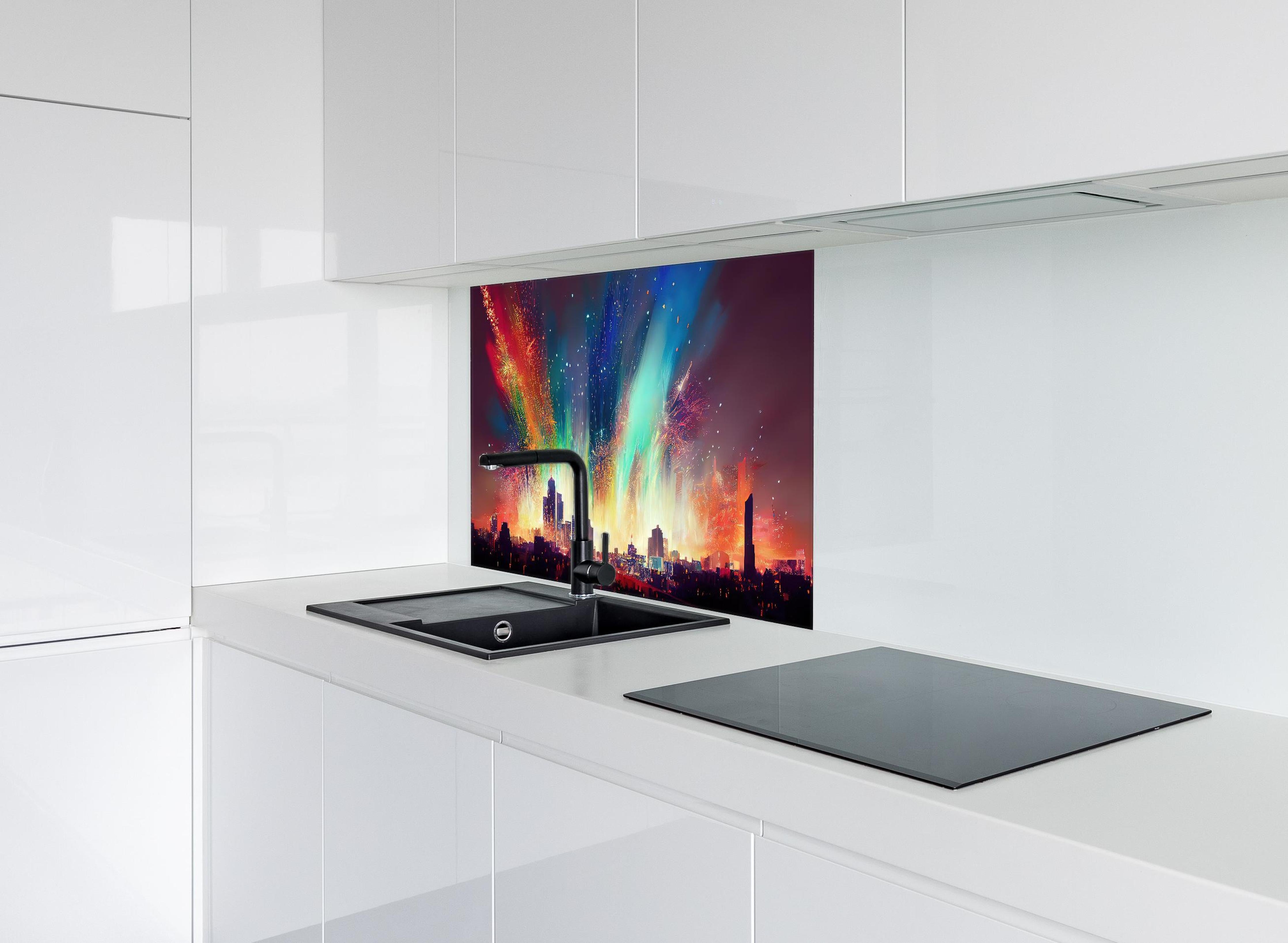 Spritzschutz - Feuerwerk über Stadt bei Nacht - Illustration hinter einem Cerankochfeld zwischen Holz-Kochutensilien