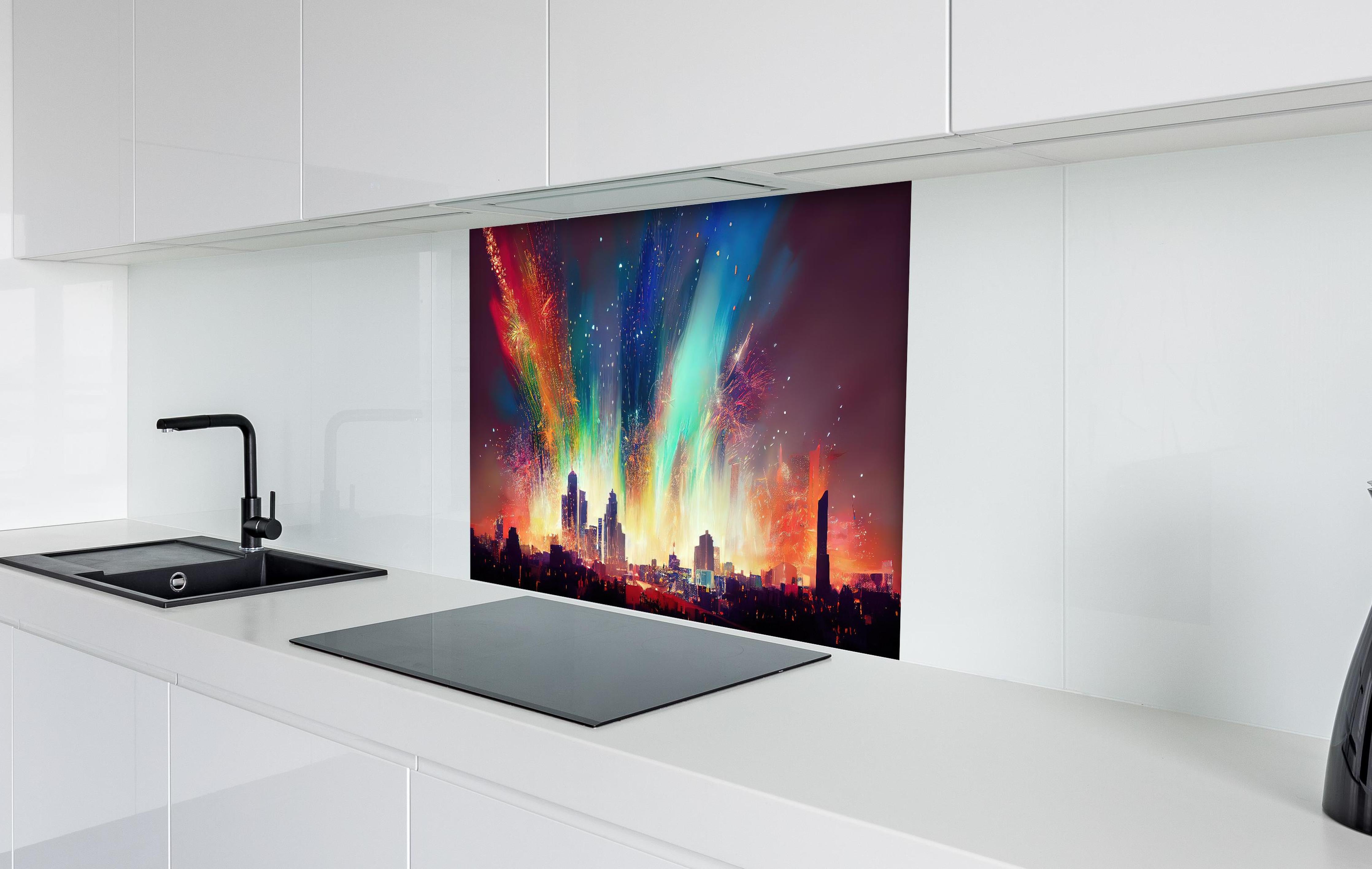 Spritzschutz - Feuerwerk über Stadt bei Nacht - Illustration hinter einem Cerankochfeld zwischen Holz-Kochutensilien