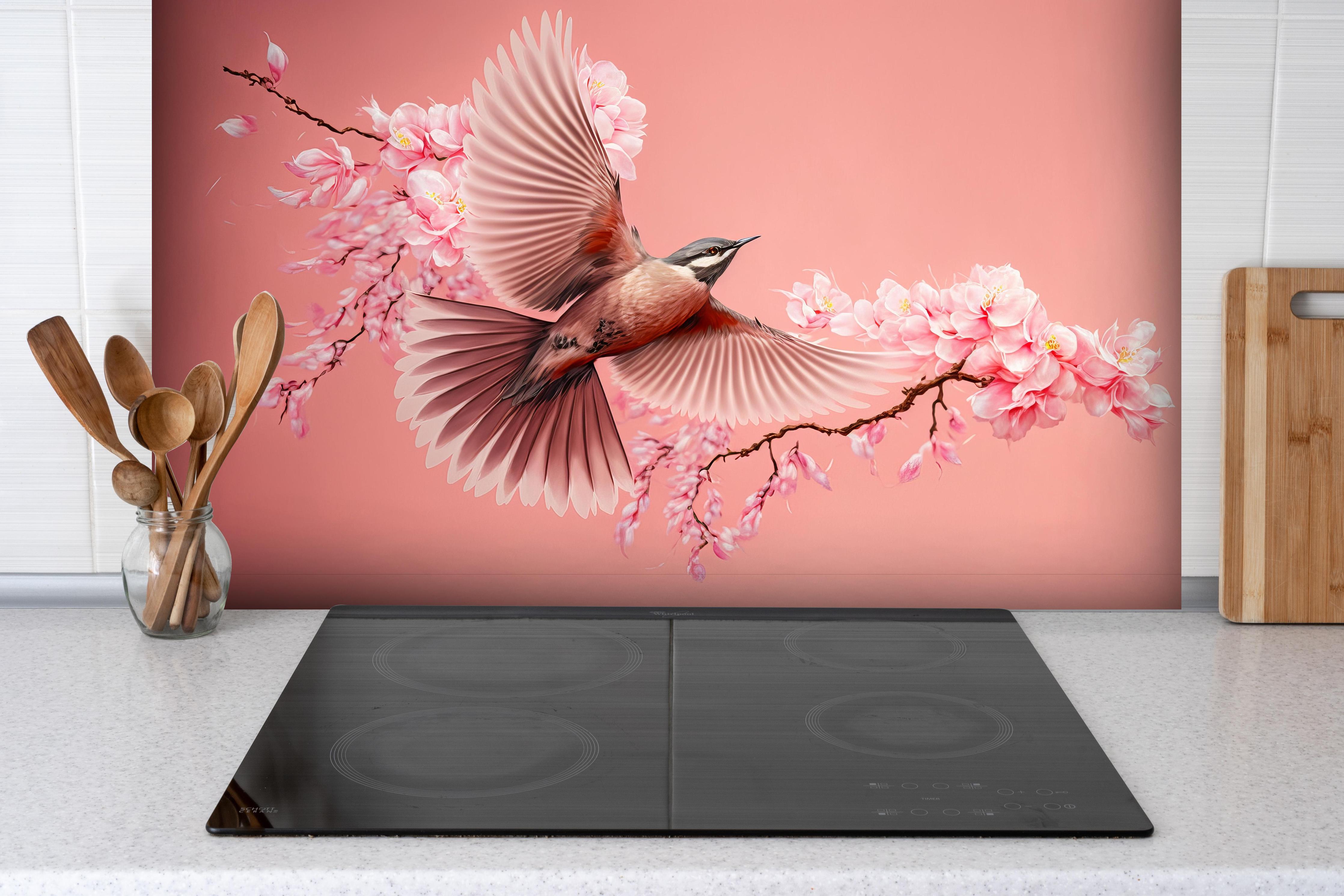 Spritzschutz - Fliegender Vogel Kirschblüten Sakura Pink hinter einem Cerankochfeld zwischen Holz-Kochutensilien