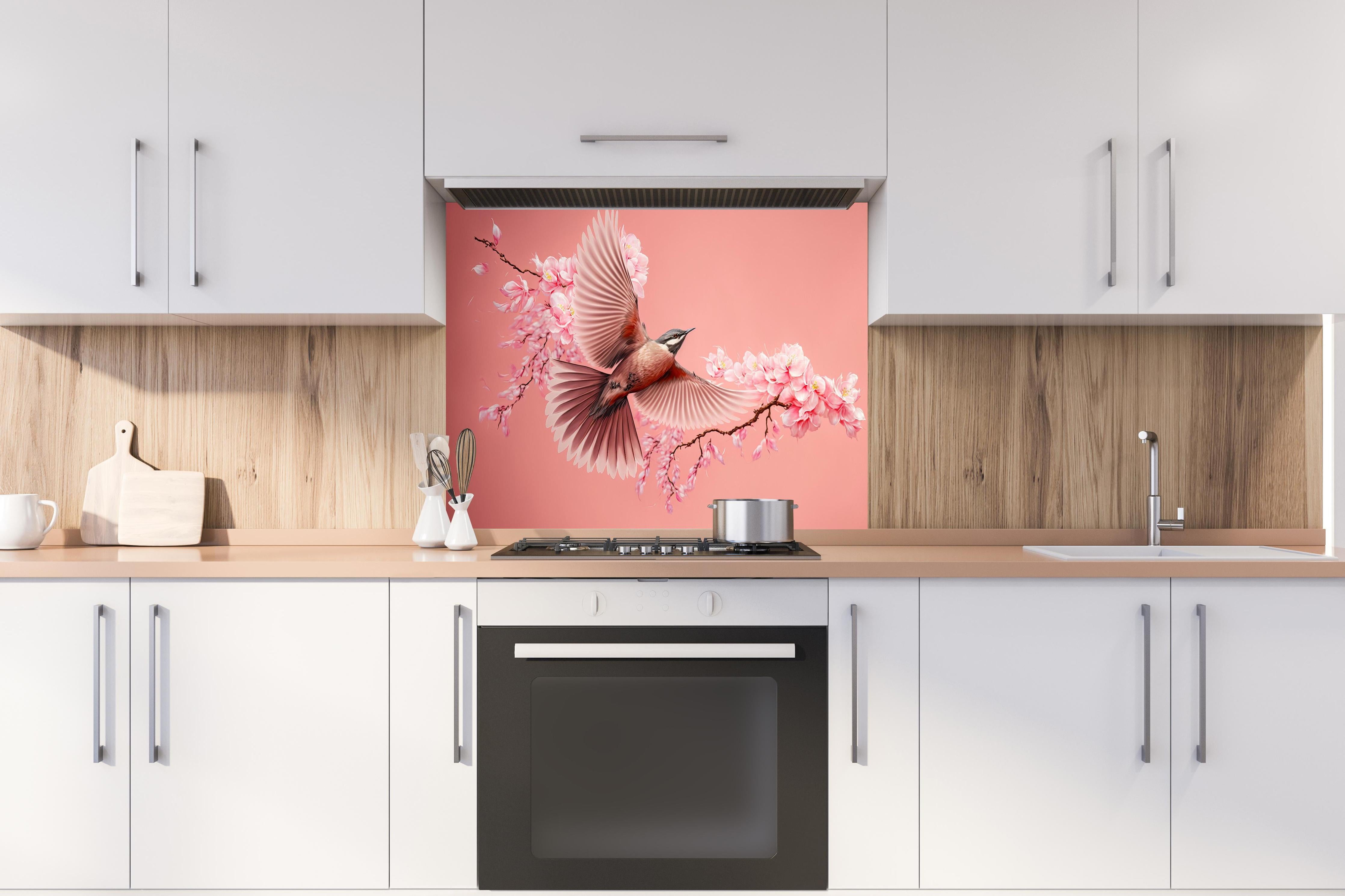 Spritzschutz - Fliegender Vogel Kirschblüten Sakura Pink hinter einem Cerankochfeld zwischen Holz-Kochutensilien