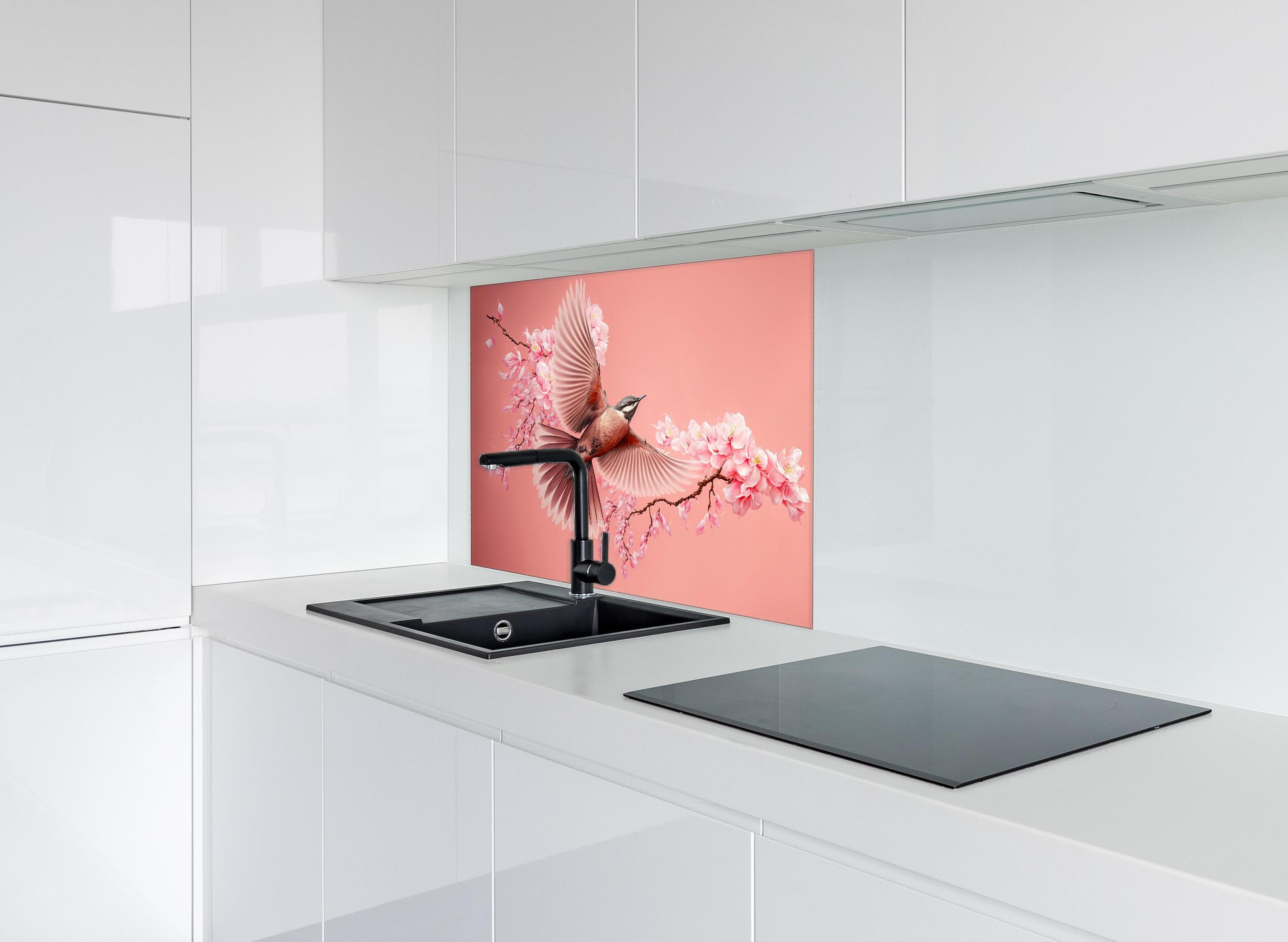 Spritzschutz - Fliegender Vogel Kirschblüten Sakura Pink hinter einem Cerankochfeld zwischen Holz-Kochutensilien