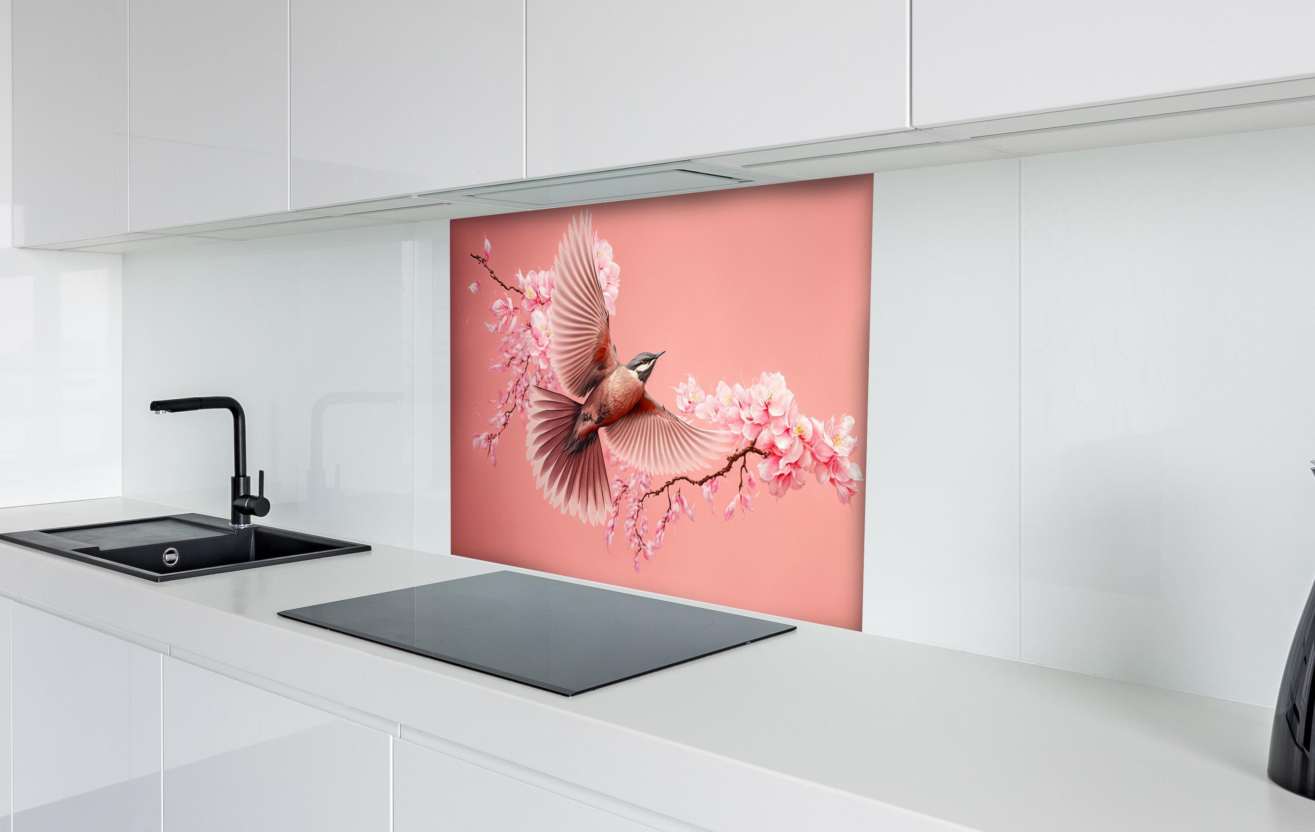 Spritzschutz - Fliegender Vogel Kirschblüten Sakura Pink hinter einem Cerankochfeld zwischen Holz-Kochutensilien