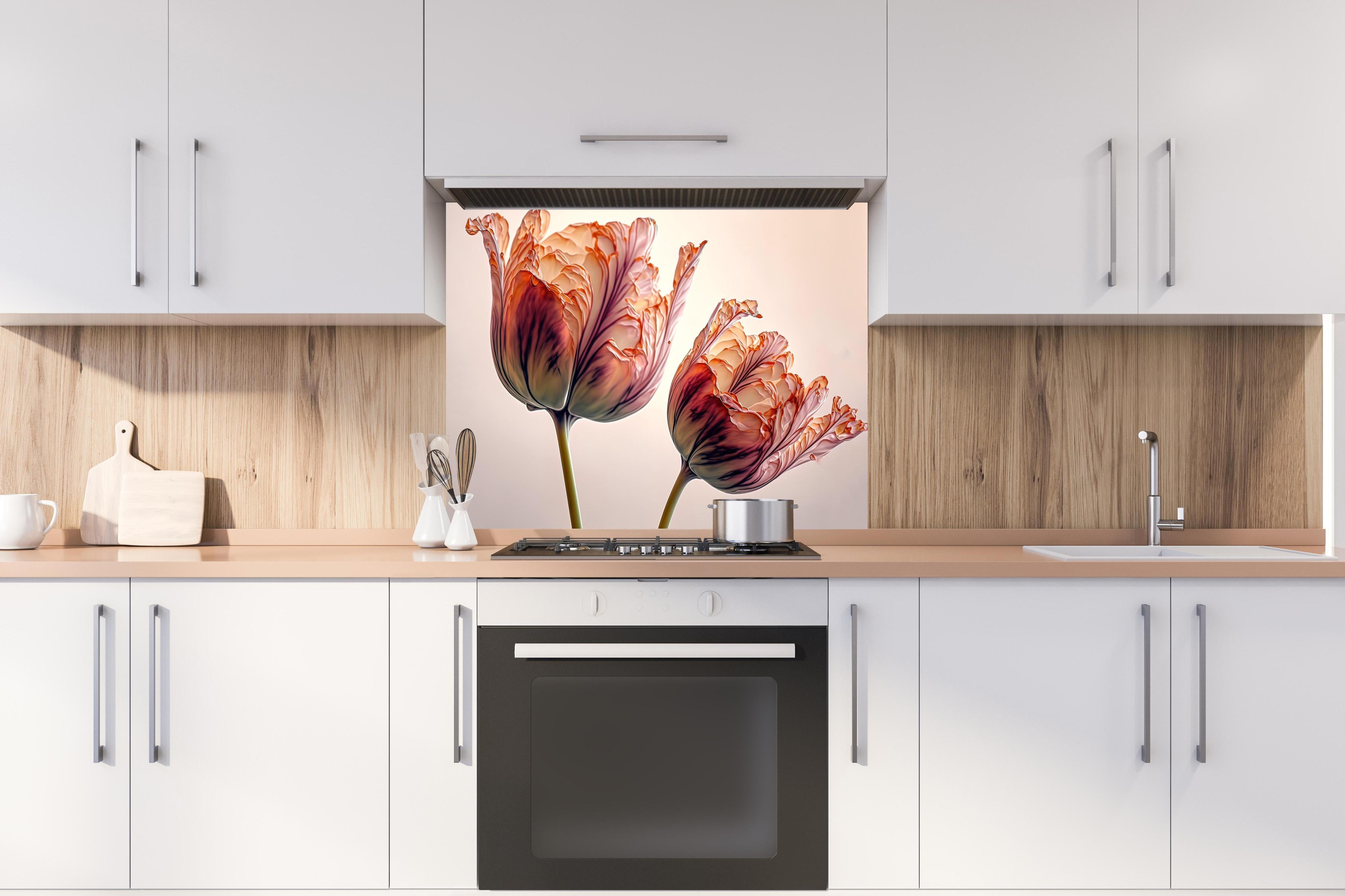 Spritzschutz - Fließende Tulpen Kunst in Fluid-Optik hinter einem Cerankochfeld zwischen Holz-Kochutensilien