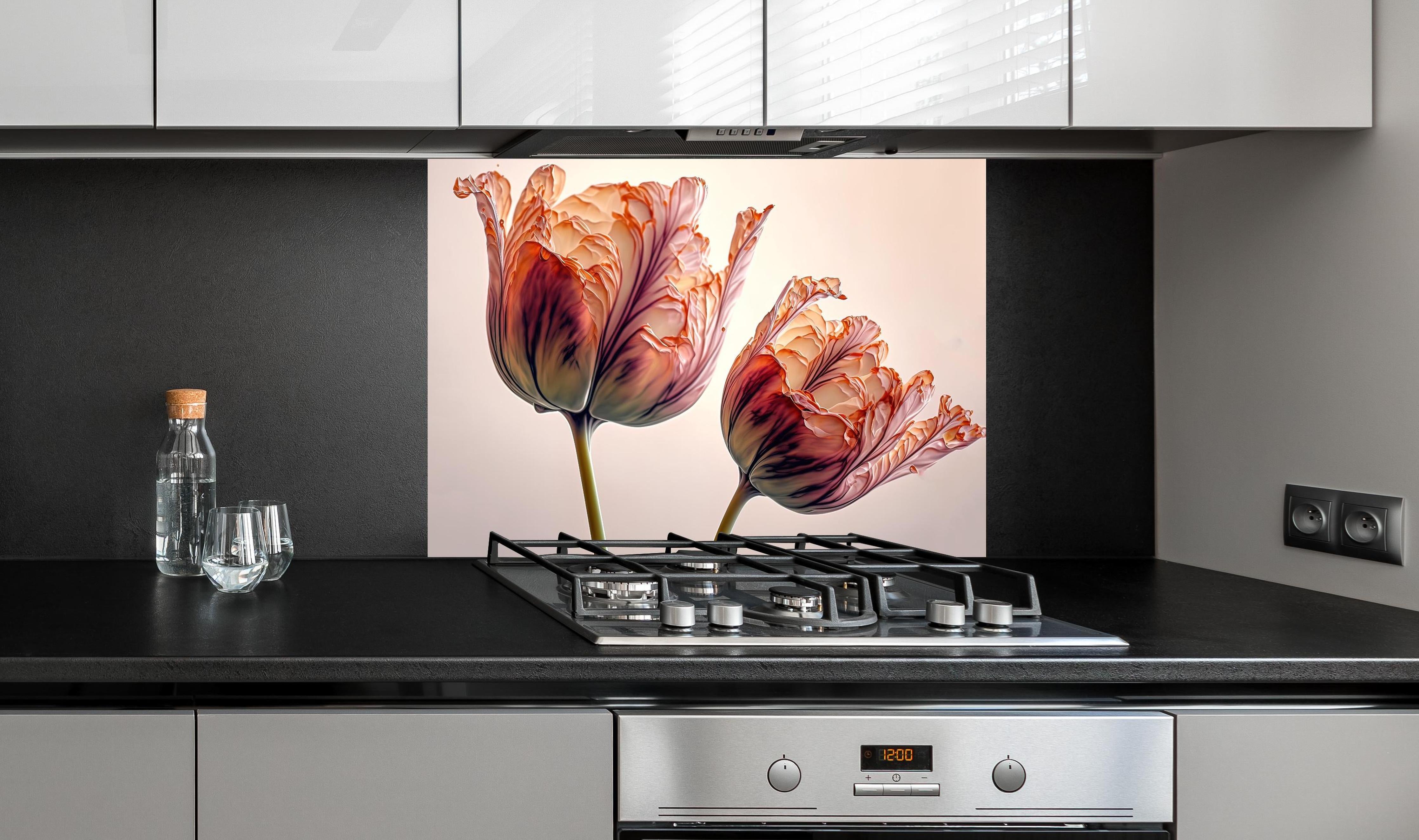 Spritzschutz - Fließende Tulpen Kunst in Fluid-Optik hinter einem Cerankochfeld zwischen Holz-Kochutensilien