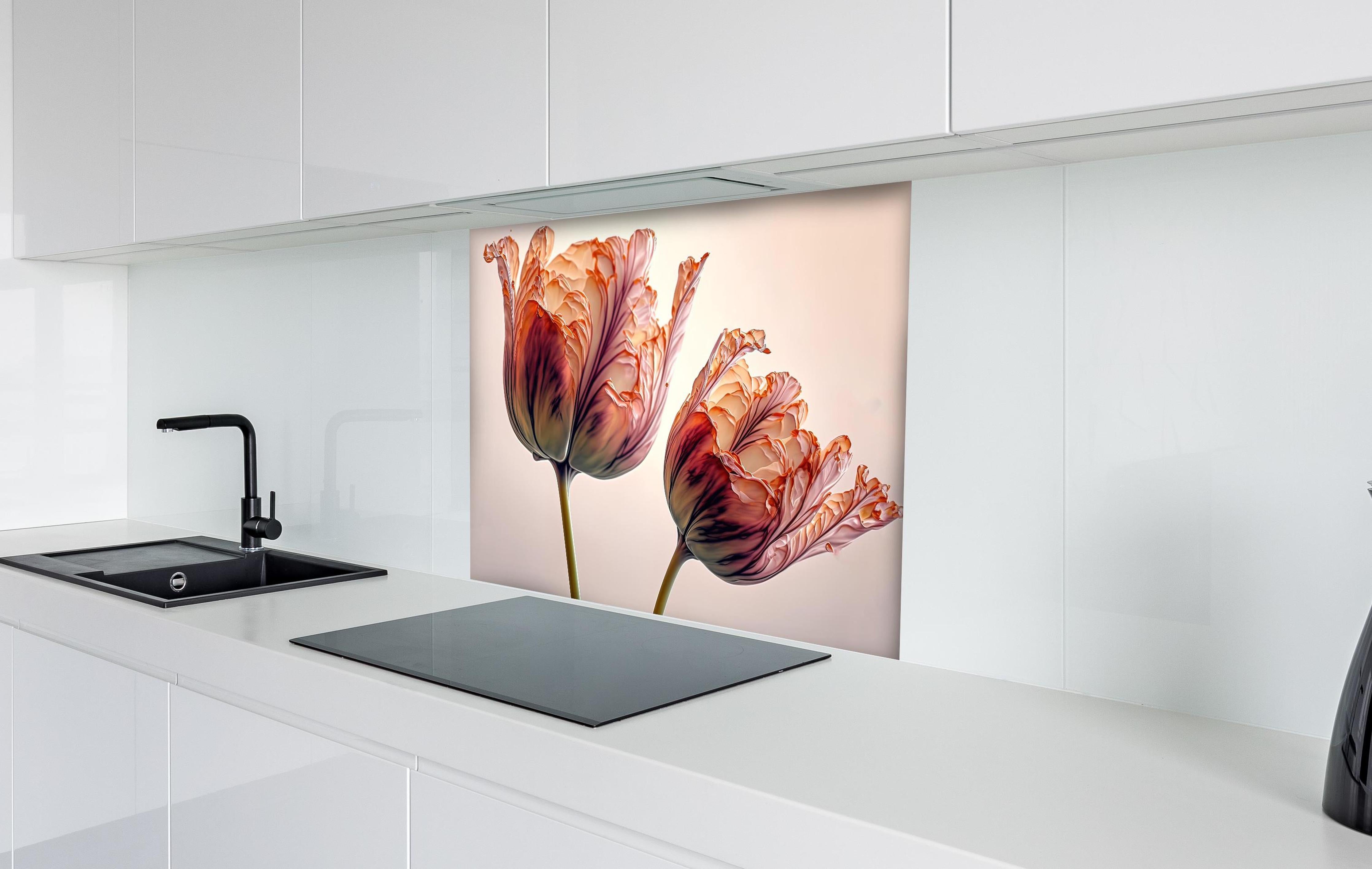 Spritzschutz - Fließende Tulpen Kunst in Fluid-Optik hinter einem Cerankochfeld zwischen Holz-Kochutensilien