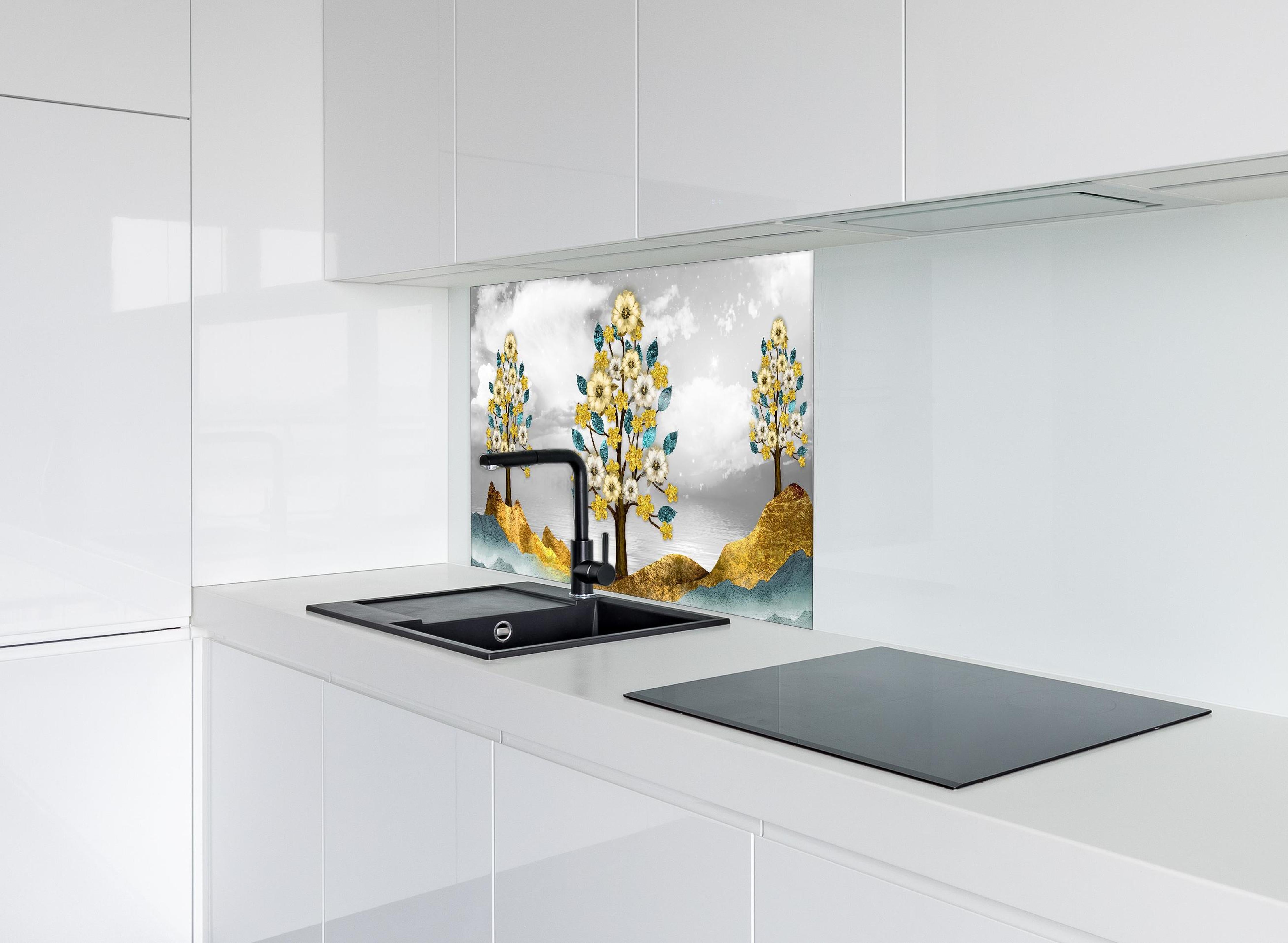 Spritzschutz - Florale Kunstmalerei - Natur hinter einem Cerankochfeld zwischen Holz-Kochutensilien