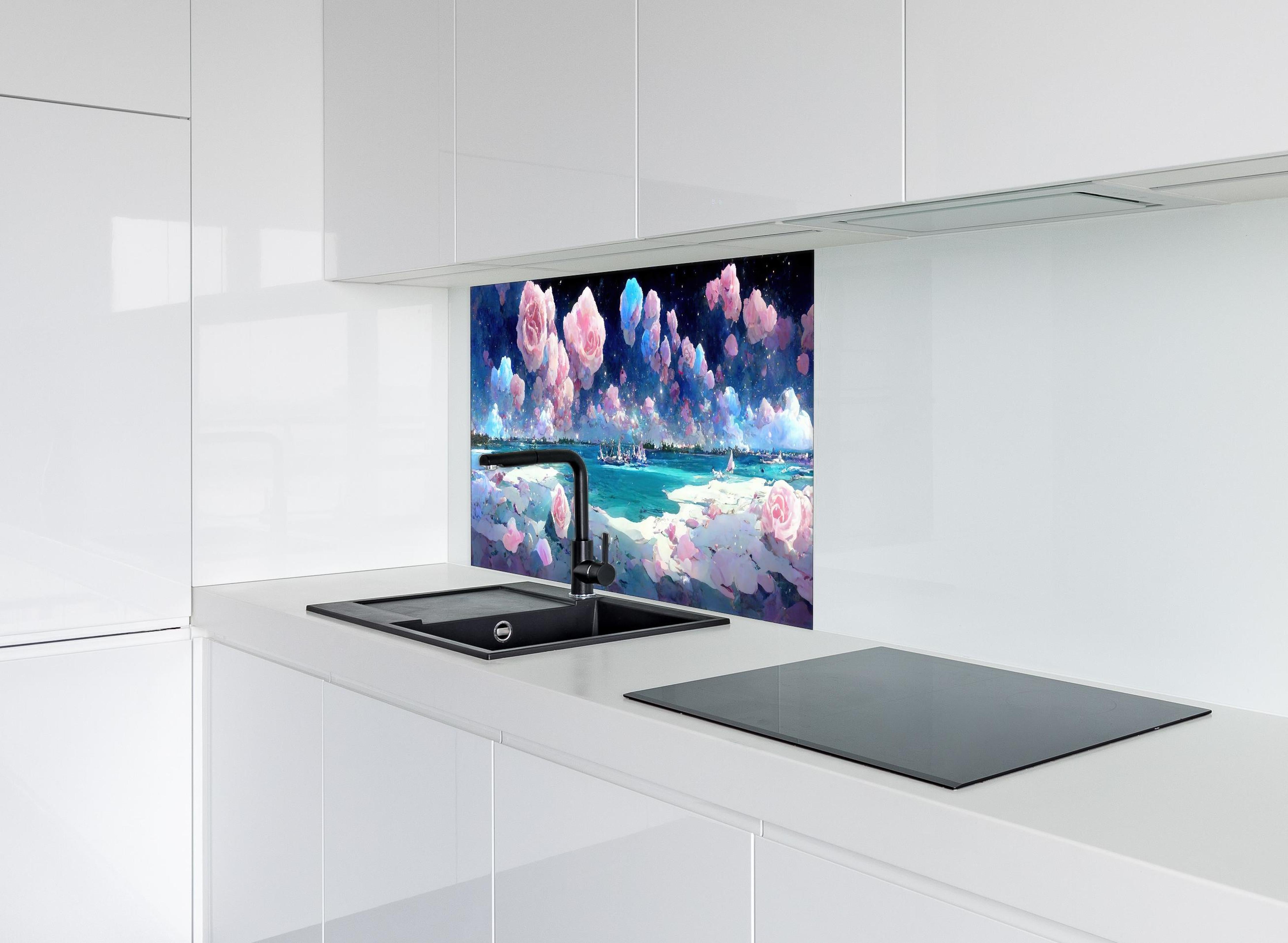 Spritzschutz - Florale Traumwelt - Ozean hinter einem Cerankochfeld zwischen Holz-Kochutensilien