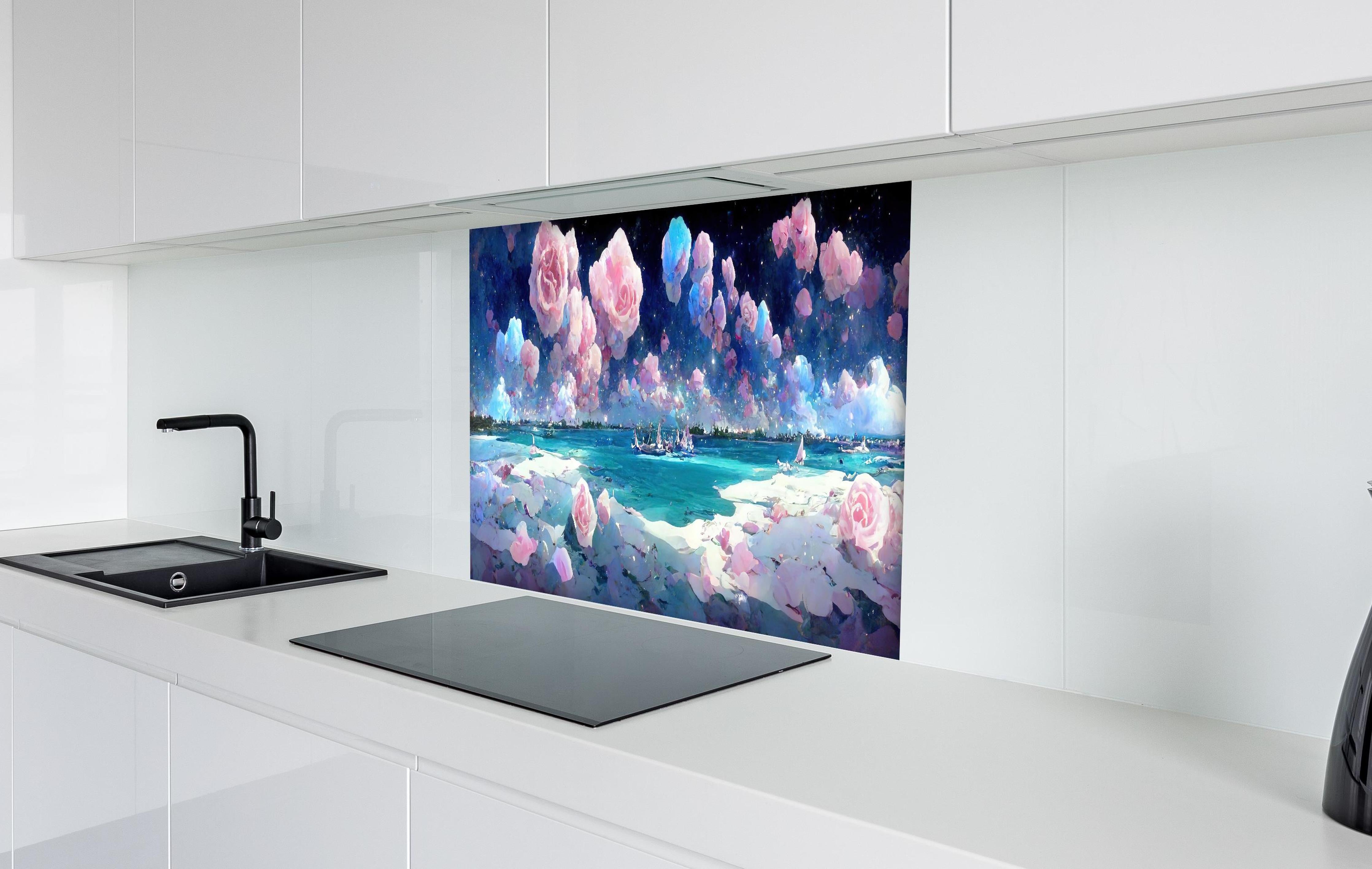 Spritzschutz - Florale Traumwelt - Ozean hinter einem Cerankochfeld zwischen Holz-Kochutensilien