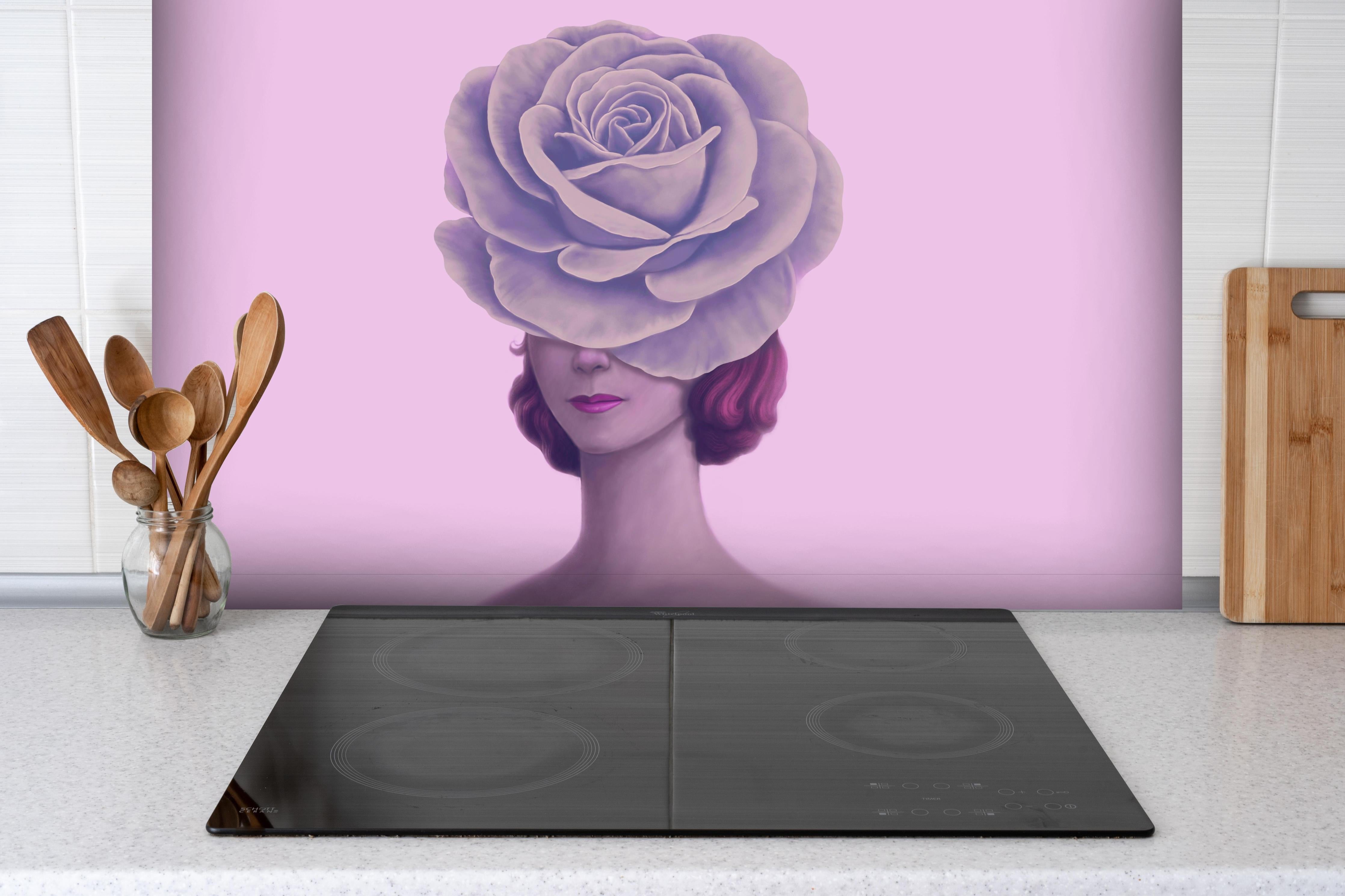 Spritzschutz - Florales Portrait - 3D Darstellung hinter einem Cerankochfeld zwischen Holz-Kochutensilien