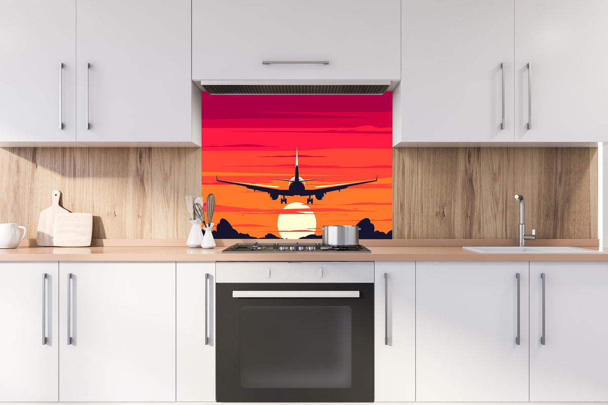 Spritzschutz - Flugzeug am Himmel beim Sonnenuntergang hinter einem Cerankochfeld zwischen Holz-Kochutensilien