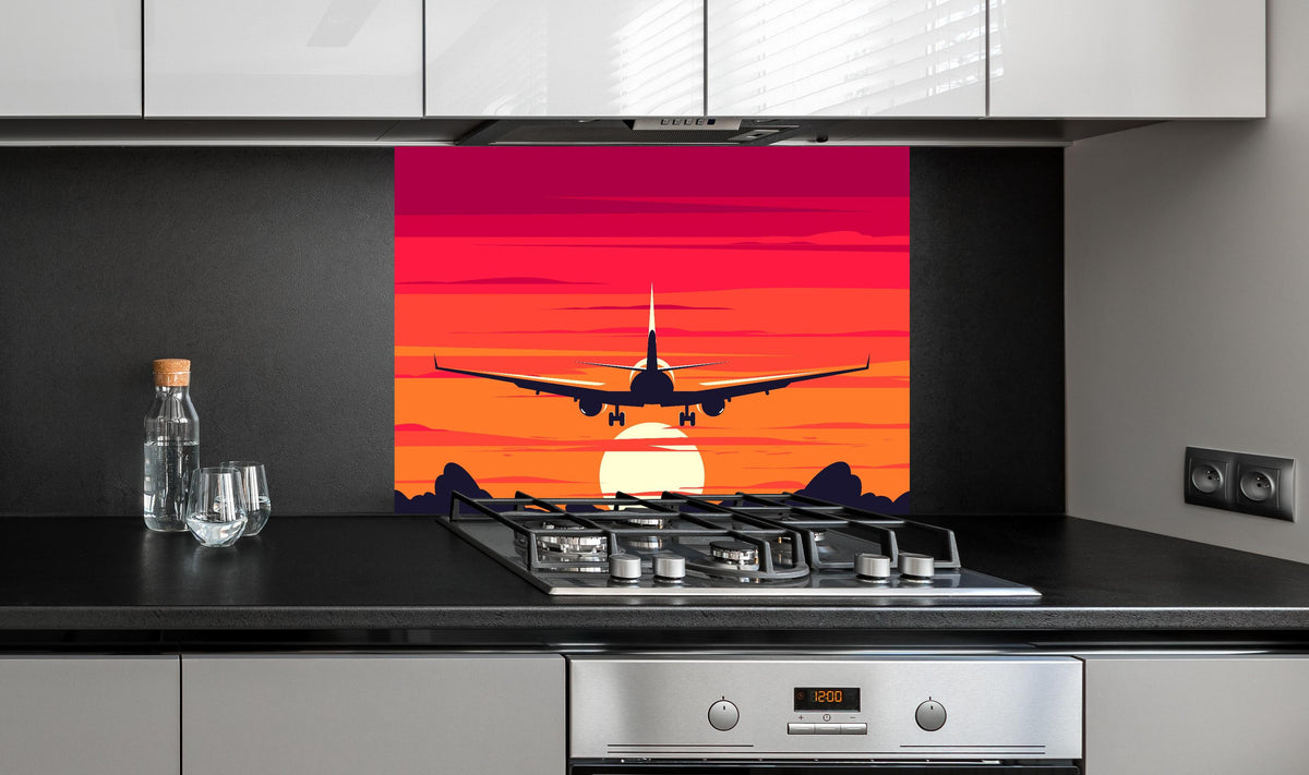 Spritzschutz - Flugzeug am Himmel beim Sonnenuntergang hinter einem Cerankochfeld zwischen Holz-Kochutensilien