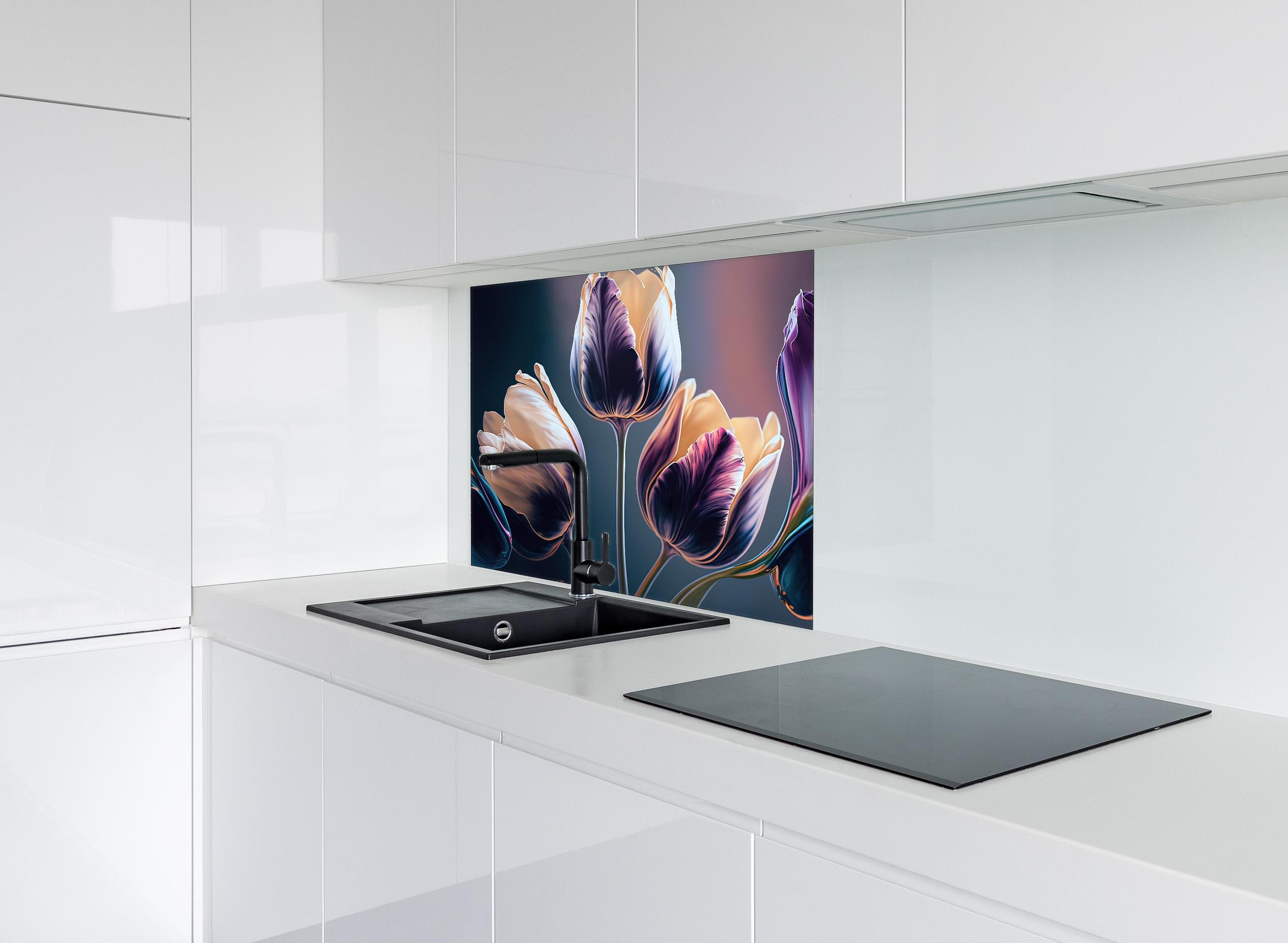 Spritzschutz - Fluid Art Tulpen Abstraktion Luxus hinter einem Cerankochfeld zwischen Holz-Kochutensilien