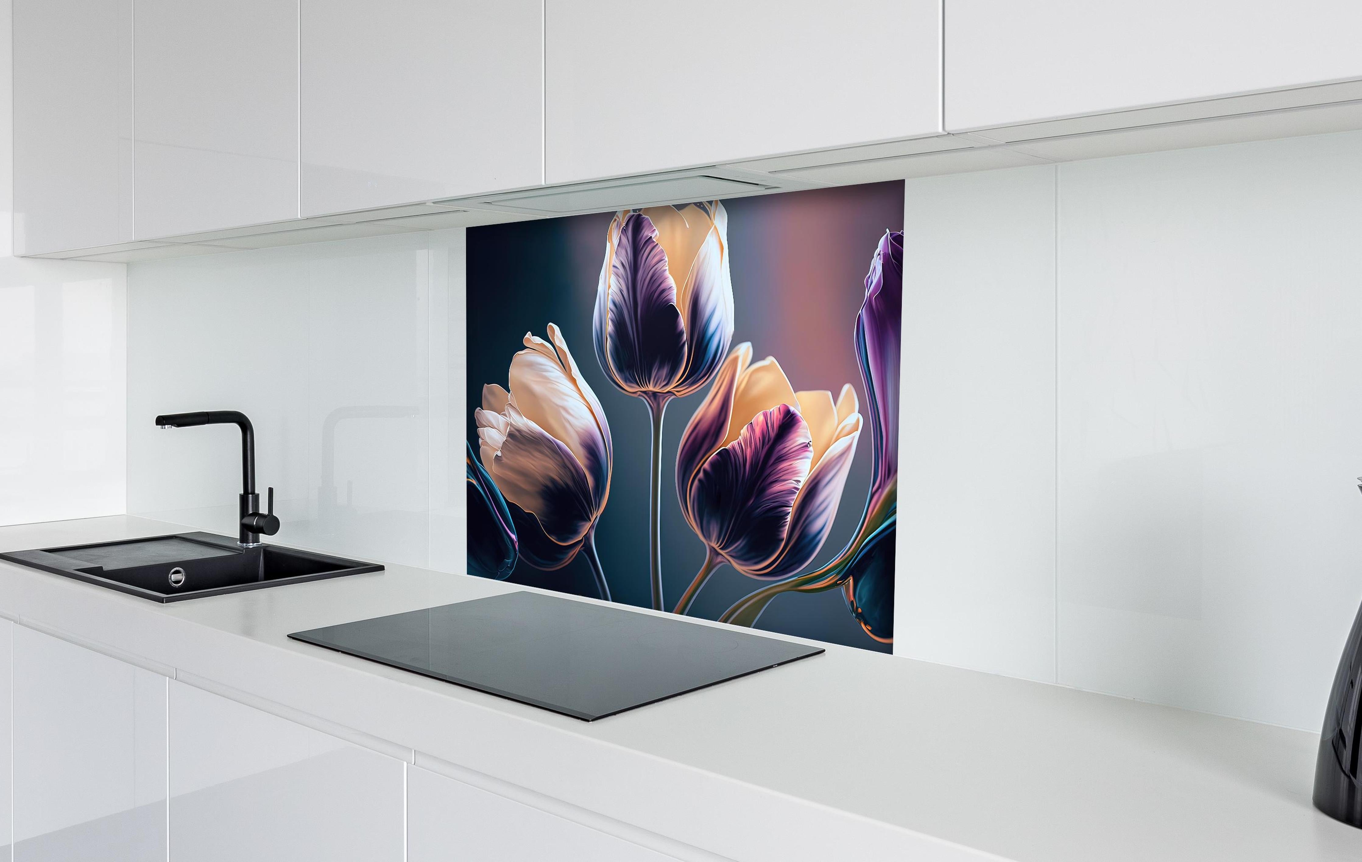 Spritzschutz - Fluid Art Tulpen Abstraktion Luxus hinter einem Cerankochfeld zwischen Holz-Kochutensilien