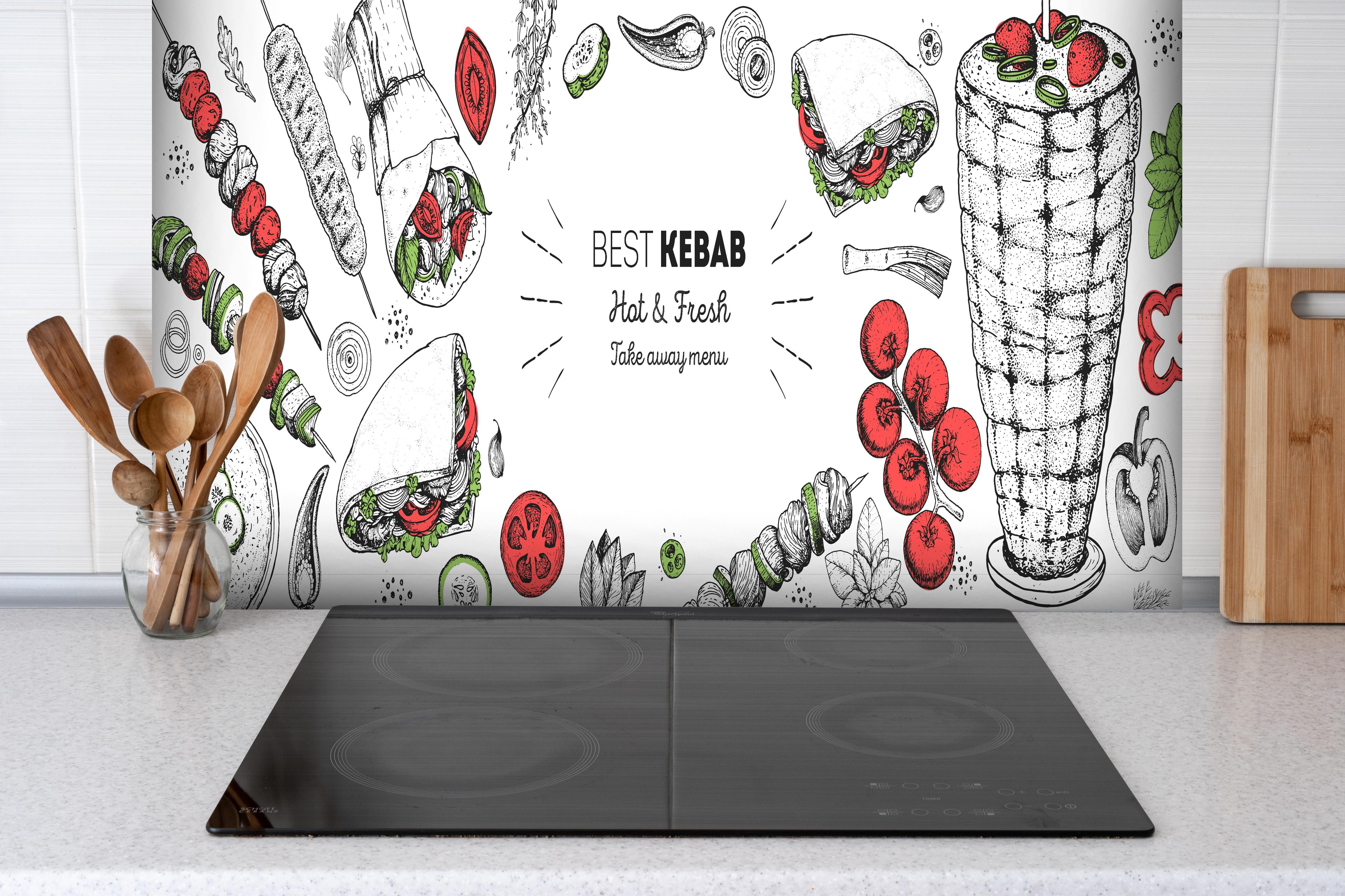 Spritzschutz - Frisches Kebab Design mit Gemüseillustration hinter einem Cerankochfeld zwischen Holz-Kochutensilien