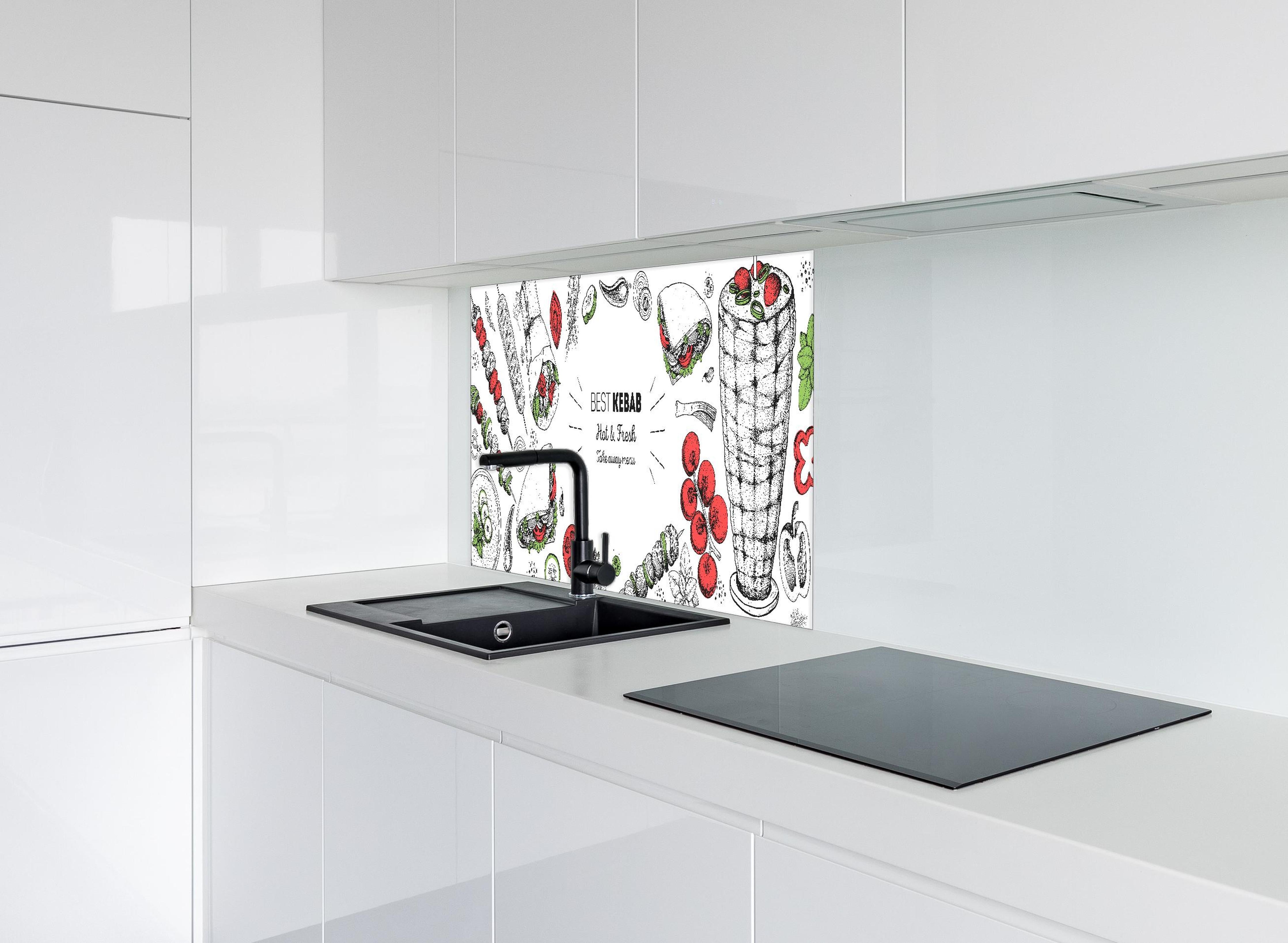 Spritzschutz - Frisches Kebab Design mit Gemüseillustration hinter einem Cerankochfeld zwischen Holz-Kochutensilien