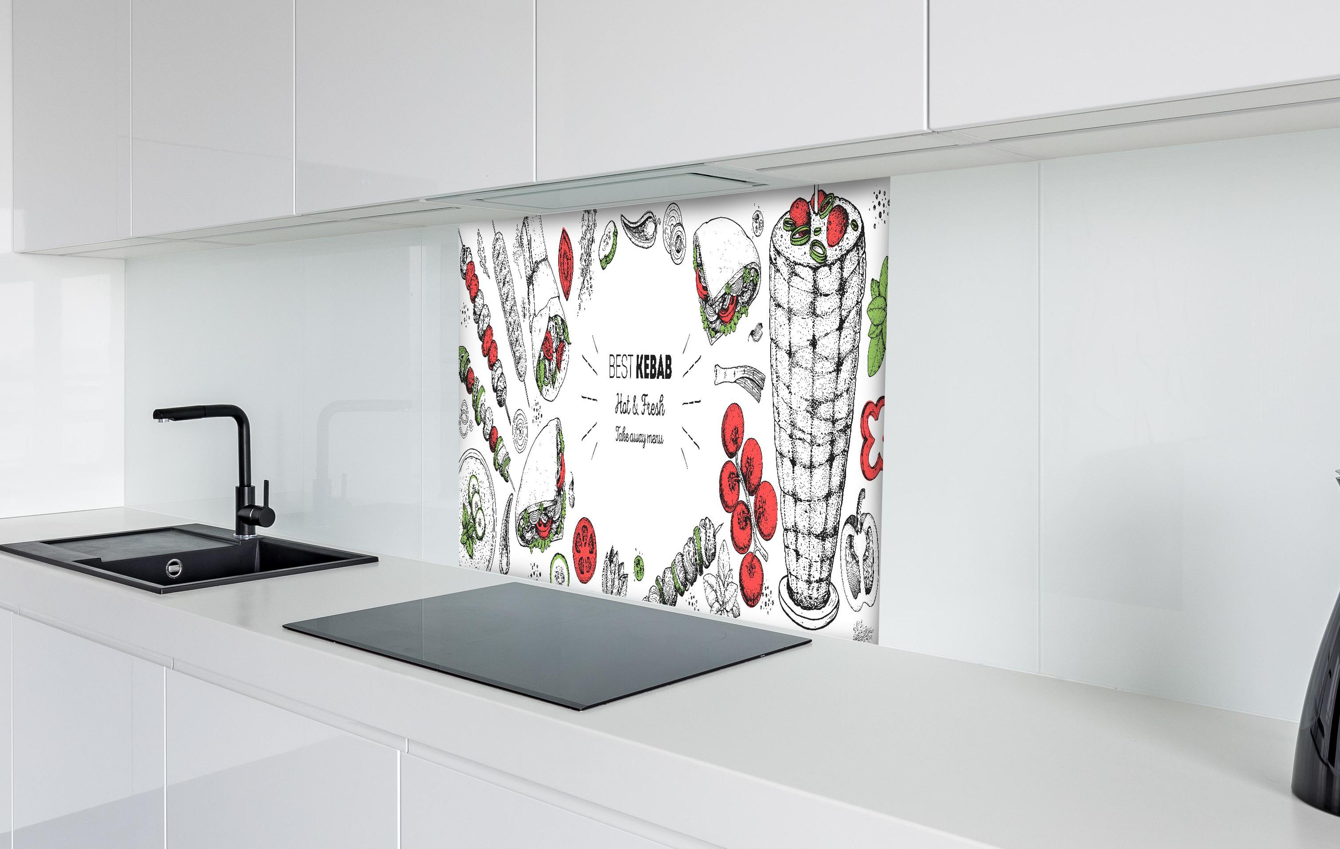 Spritzschutz - Frisches Kebab Design mit Gemüseillustration hinter einem Cerankochfeld zwischen Holz-Kochutensilien