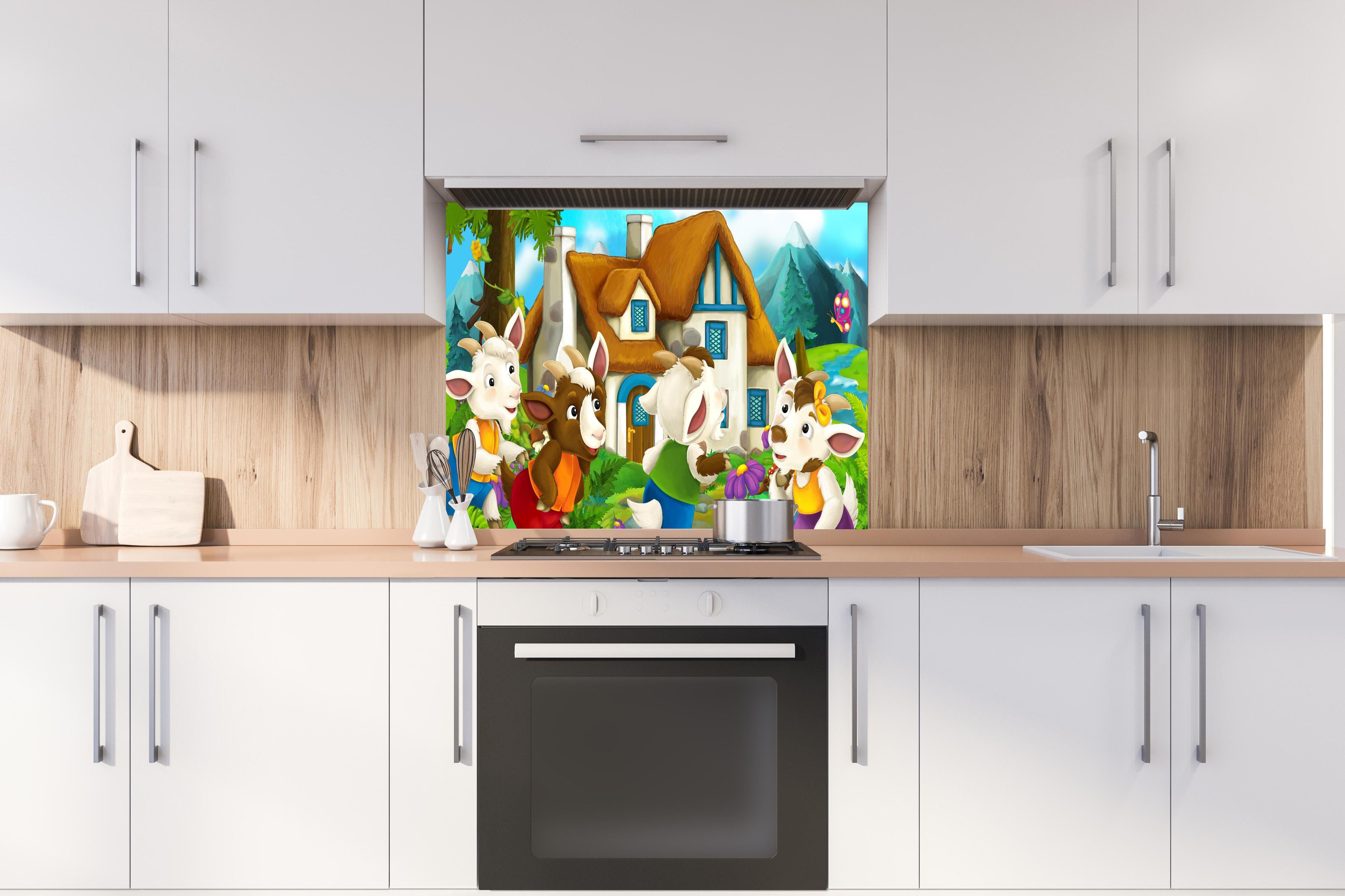 Spritzschutz - Fröhliche Cartoon Ziegen hinter einem Cerankochfeld zwischen Holz-Kochutensilien