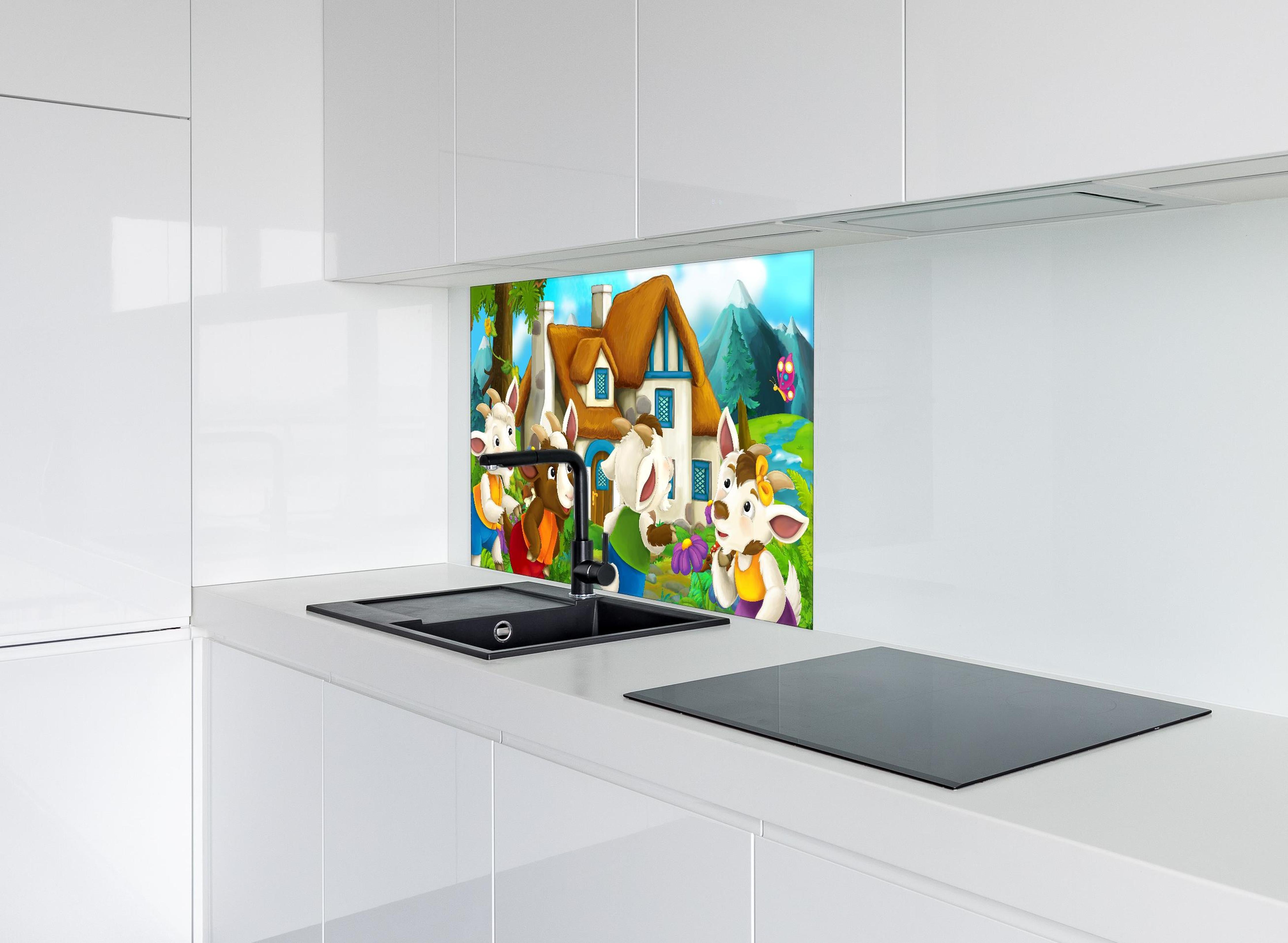 Spritzschutz - Fröhliche Cartoon Ziegen hinter einem Cerankochfeld zwischen Holz-Kochutensilien