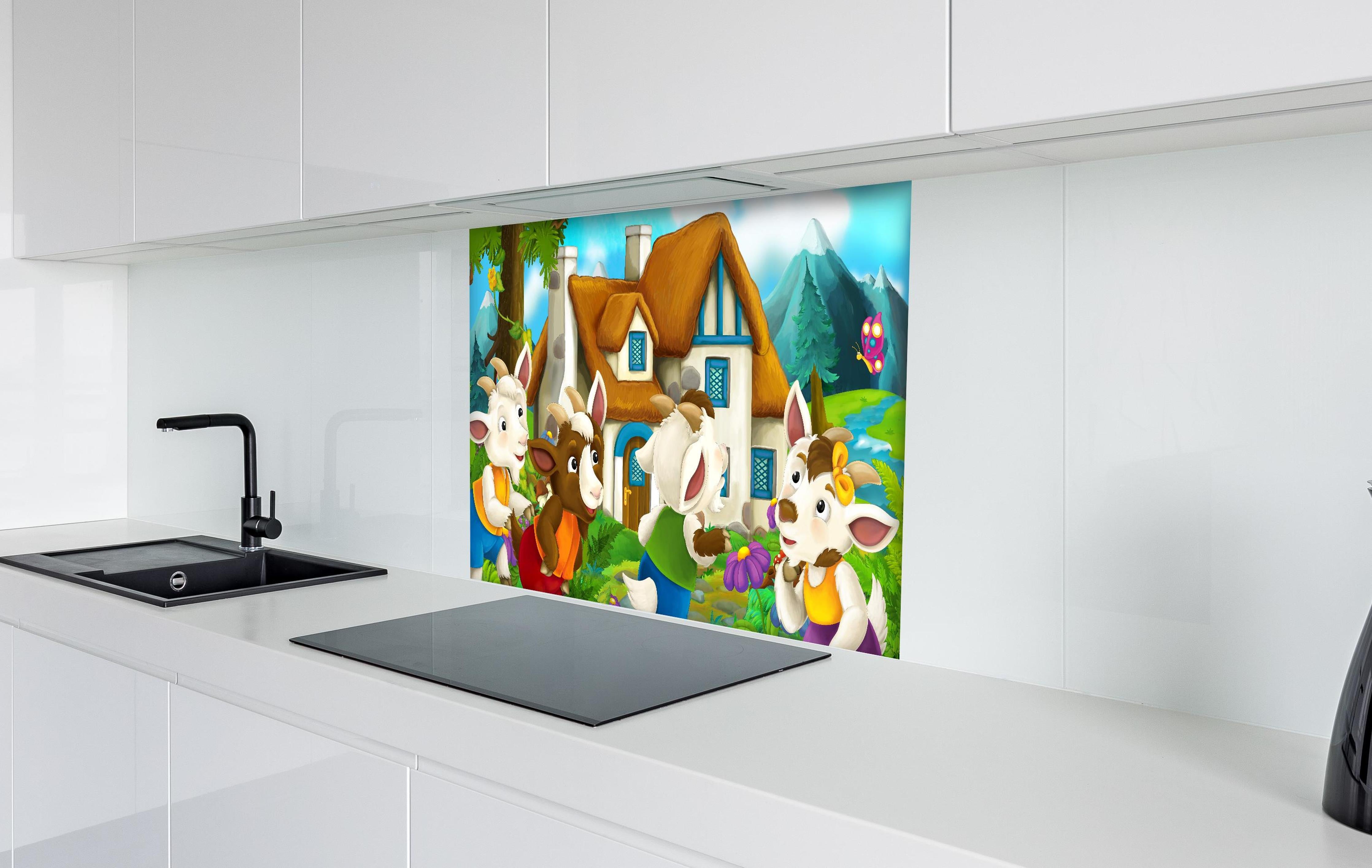Spritzschutz - Fröhliche Cartoon Ziegen hinter einem Cerankochfeld zwischen Holz-Kochutensilien