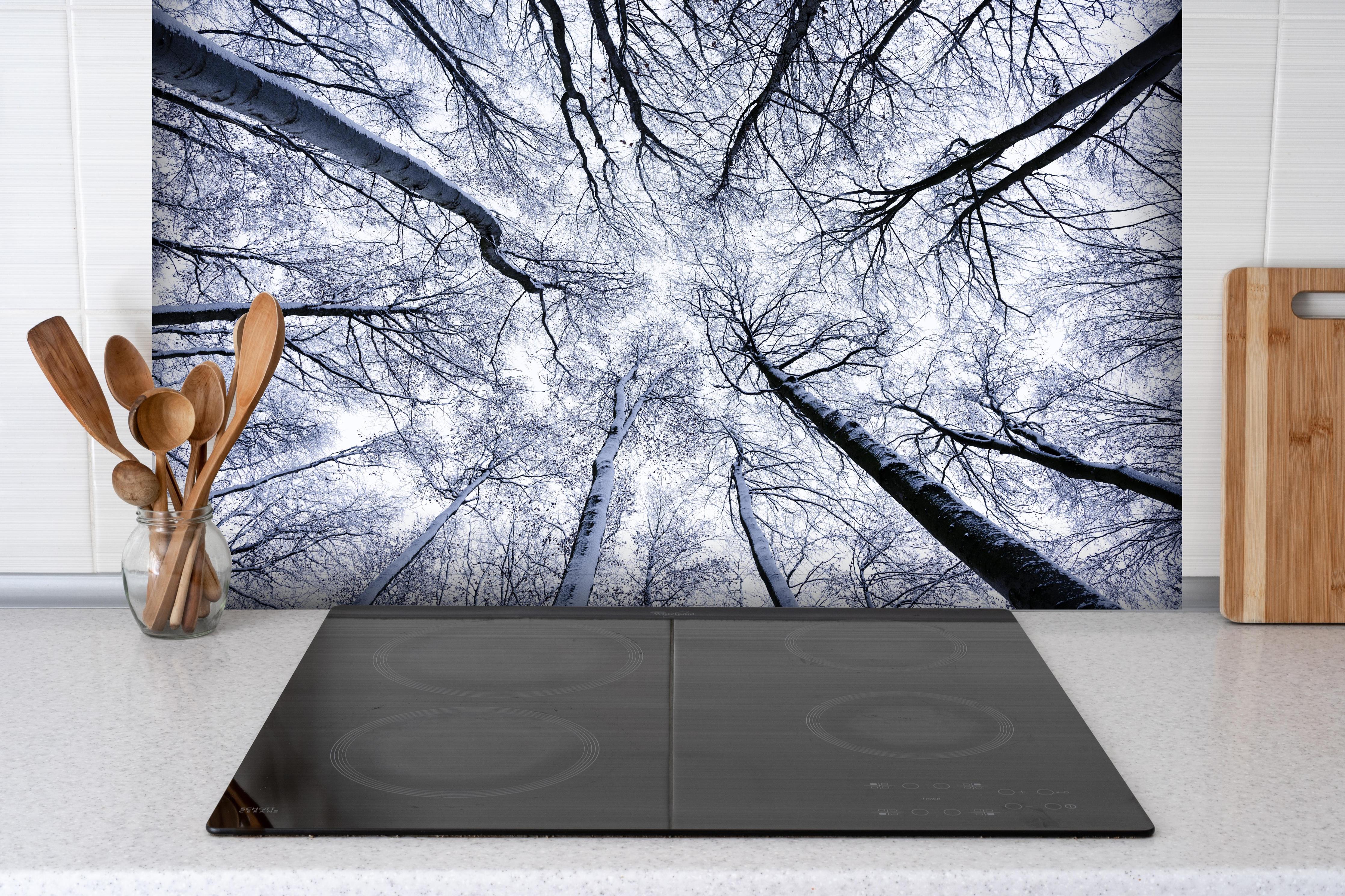 Spritzschutz - Frostiger Wald hinter einem Cerankochfeld zwischen Holz-Kochutensilien