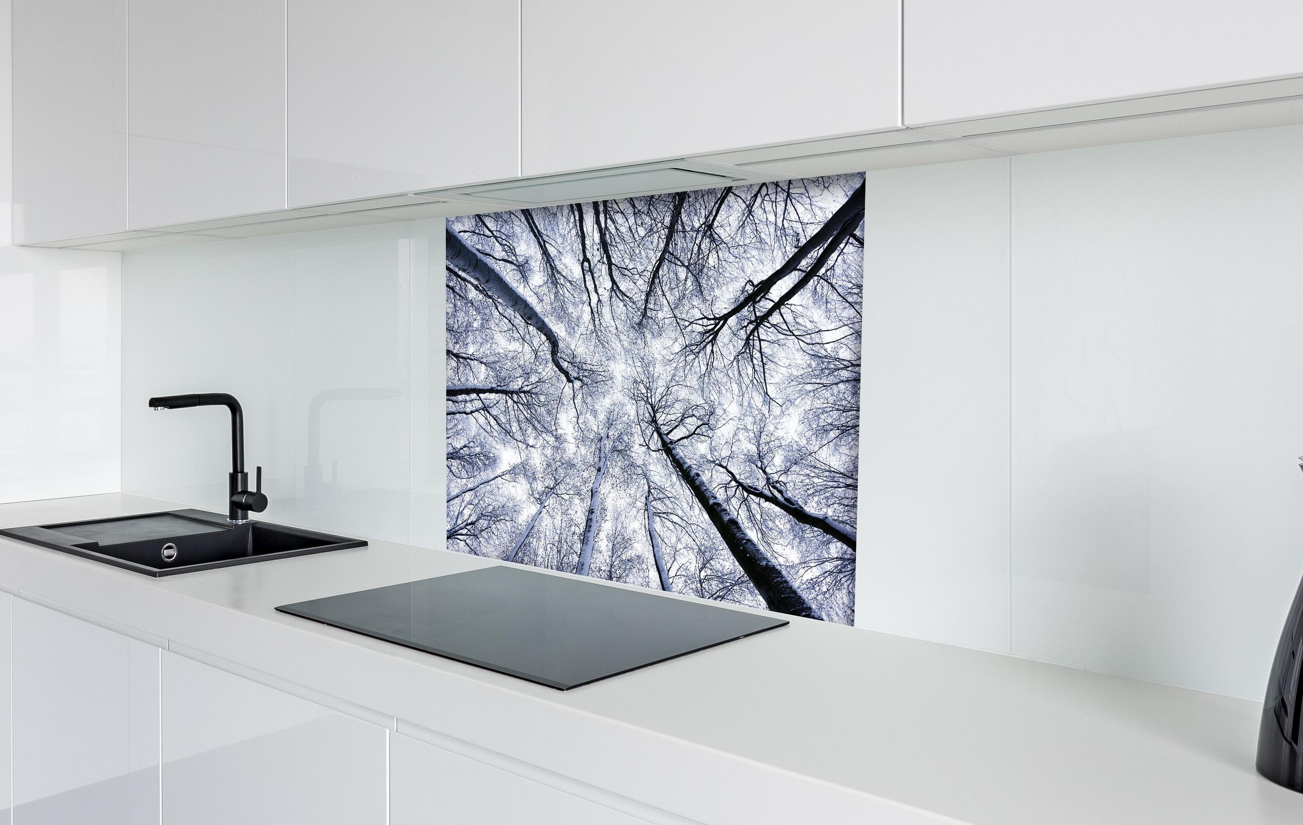 Spritzschutz - Frostiger Wald hinter einem Cerankochfeld zwischen Holz-Kochutensilien