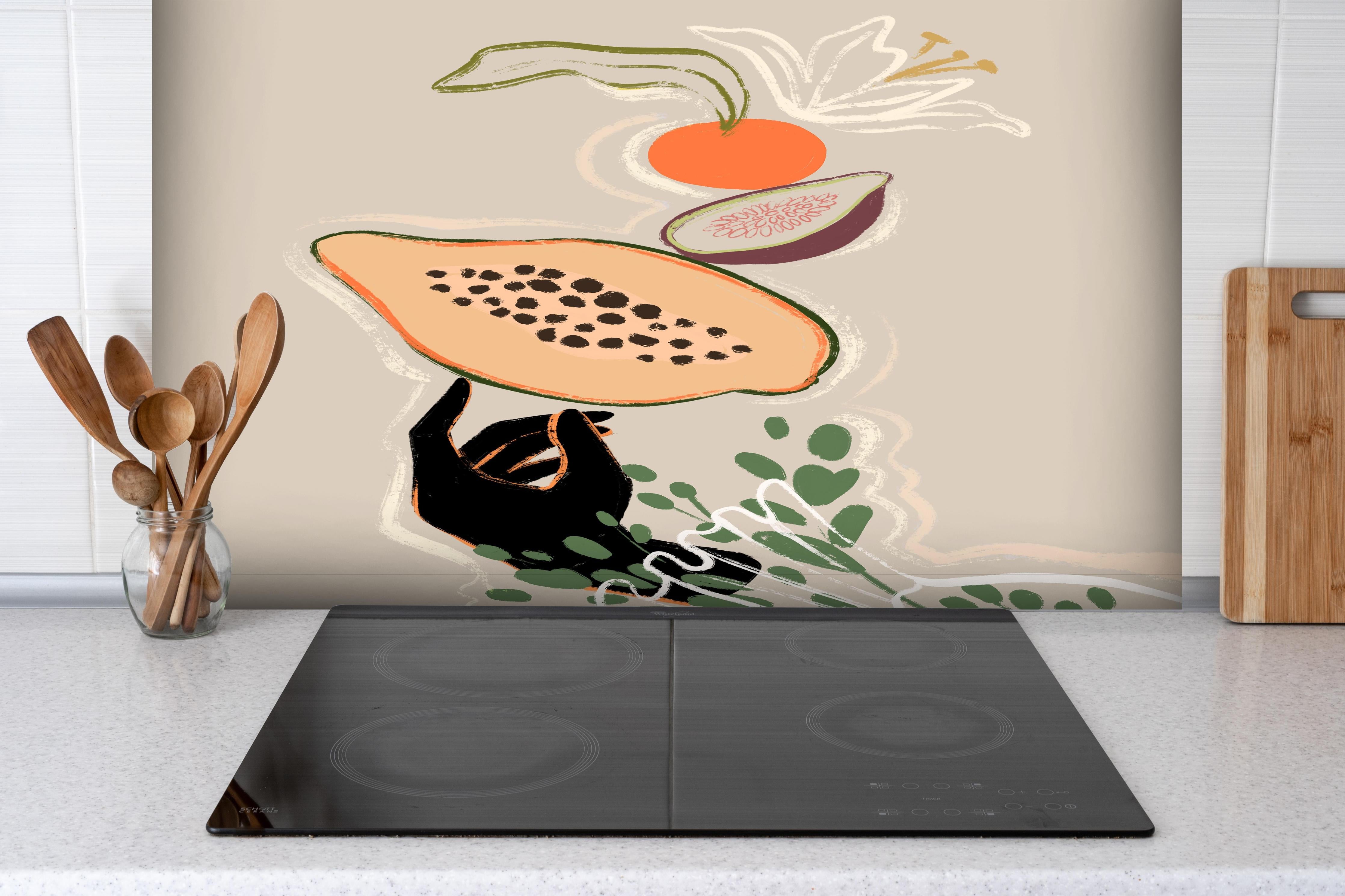 Spritzschutz - Früchte und Gemüse - Gemälde hinter einem Cerankochfeld zwischen Holz-Kochutensilien