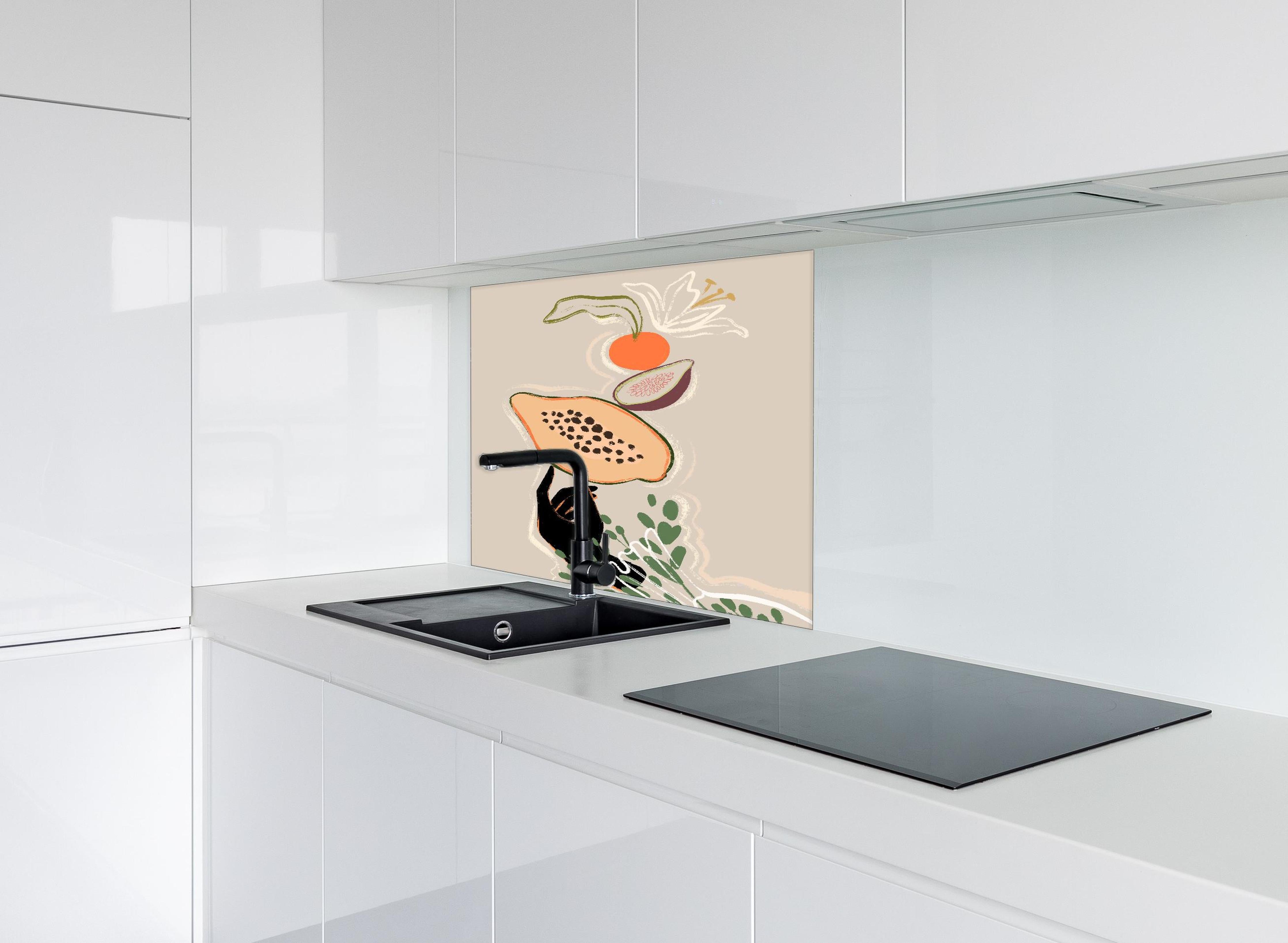 Spritzschutz - Früchte und Gemüse - Gemälde hinter einem Cerankochfeld zwischen Holz-Kochutensilien