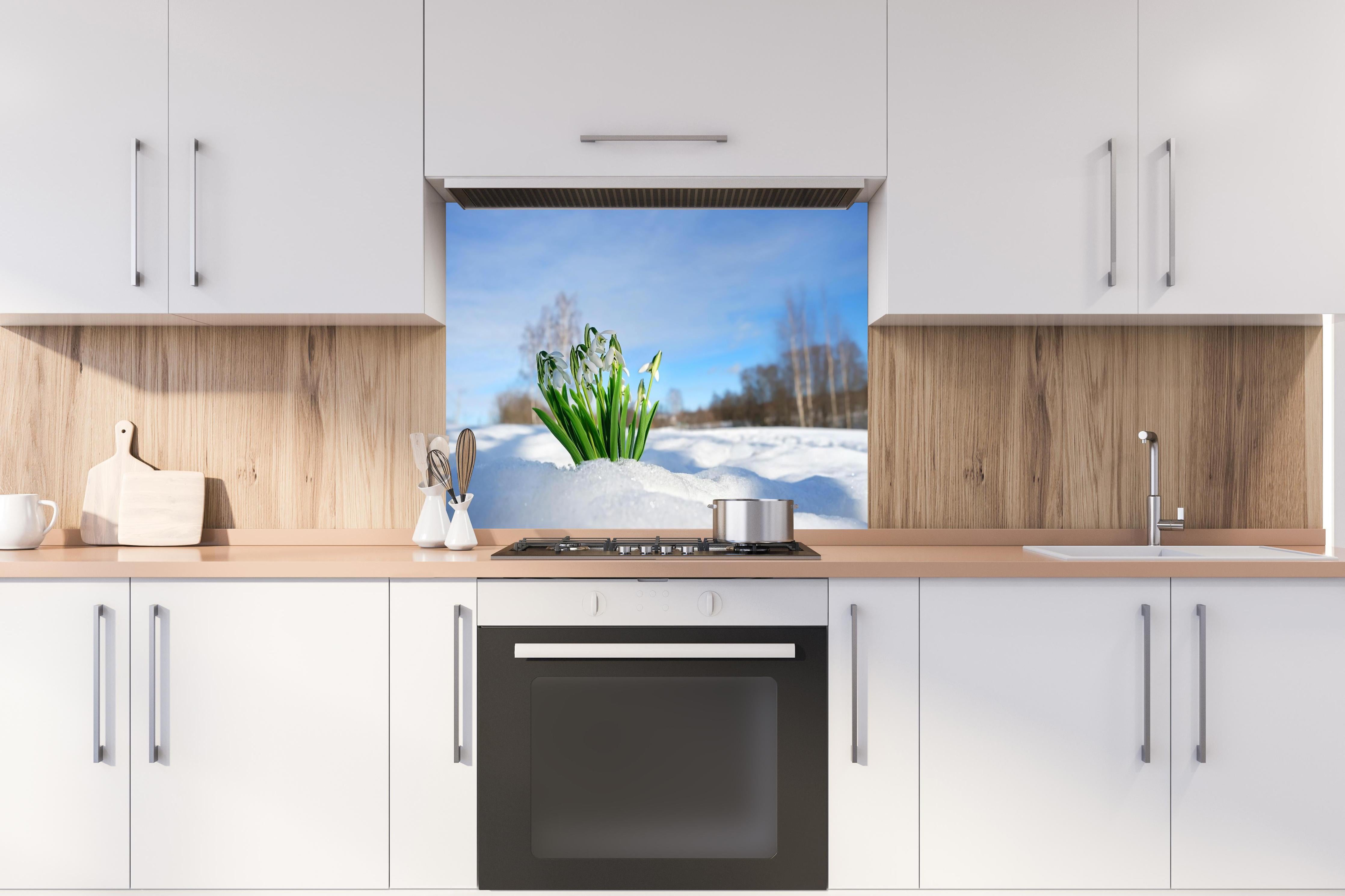 Spritzschutz - Frühlingsblumen durchbrechen Schneedecke hinter einem Cerankochfeld zwischen Holz-Kochutensilien