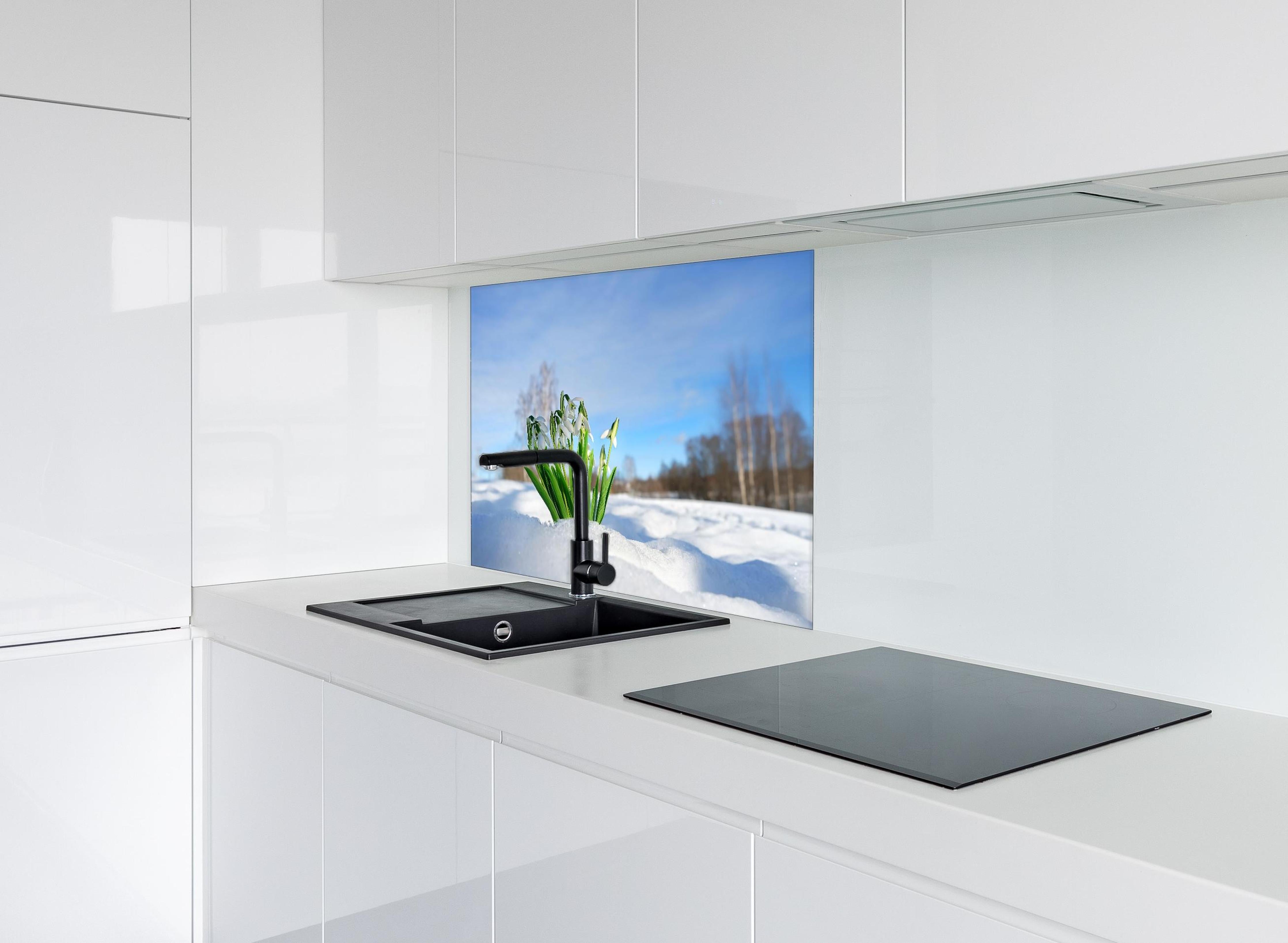 Spritzschutz - Frühlingsblumen durchbrechen Schneedecke hinter einem Cerankochfeld zwischen Holz-Kochutensilien